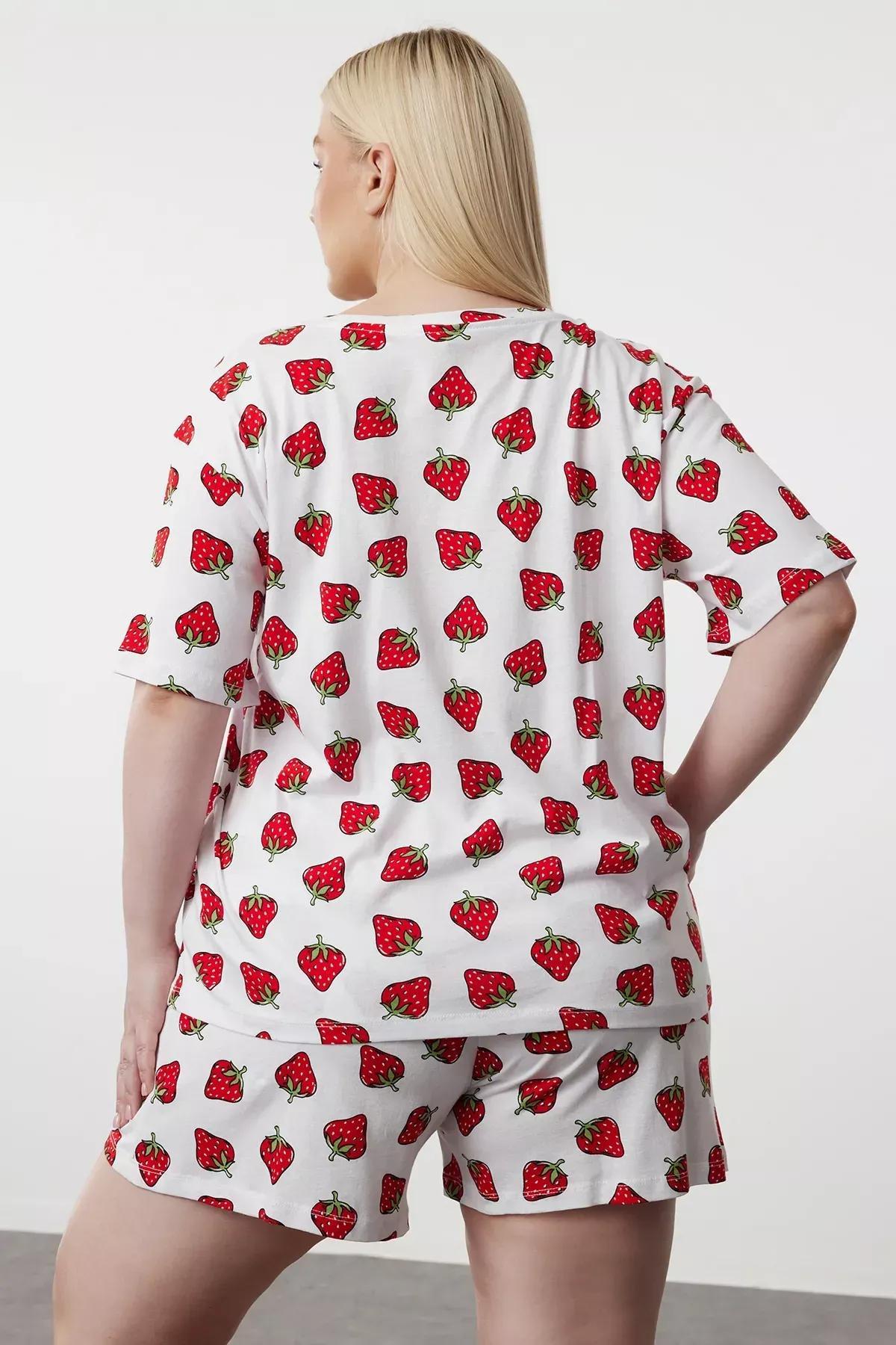 White Strawberry Patterned V-Neck Knitted Pajama Set, White, large image number 4