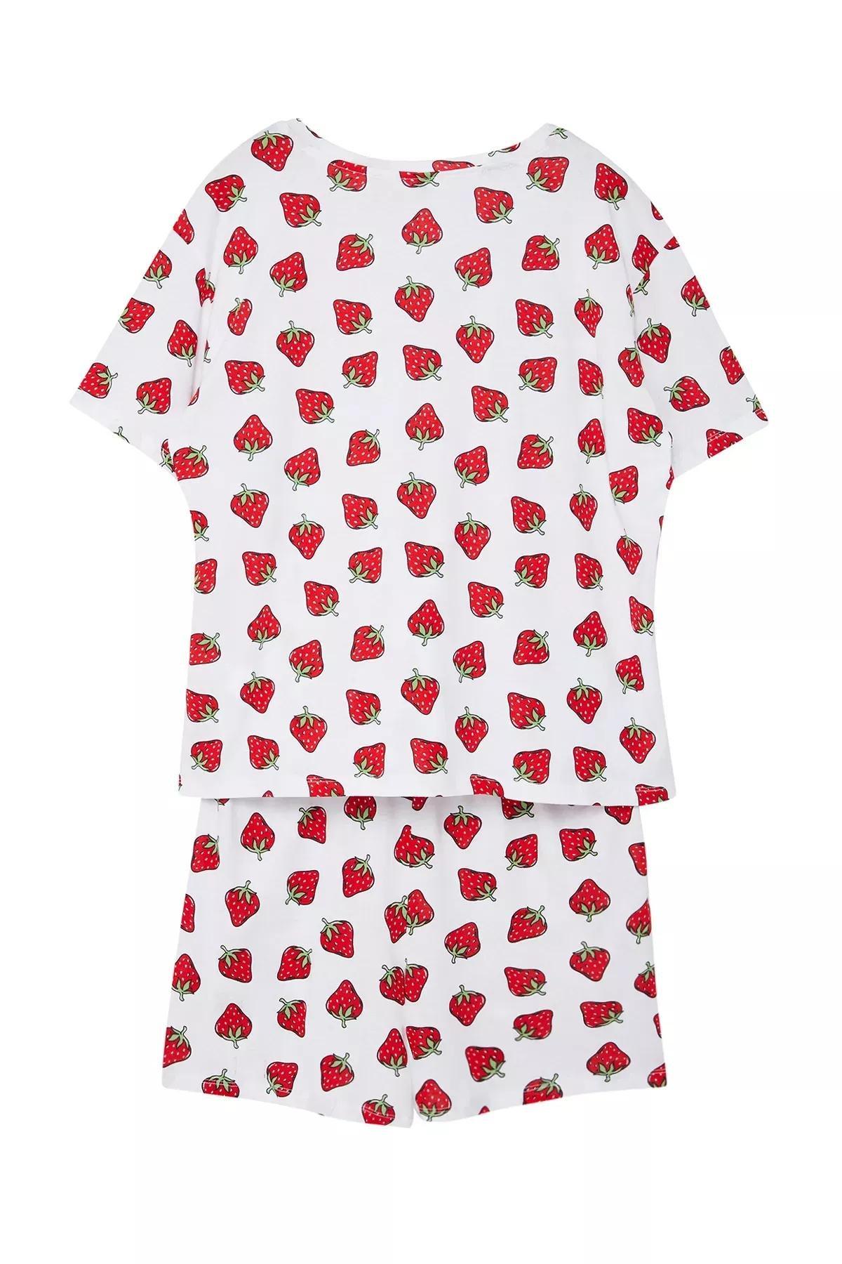 White Strawberry Patterned V-Neck Knitted Pajama Set, White, large image number 5