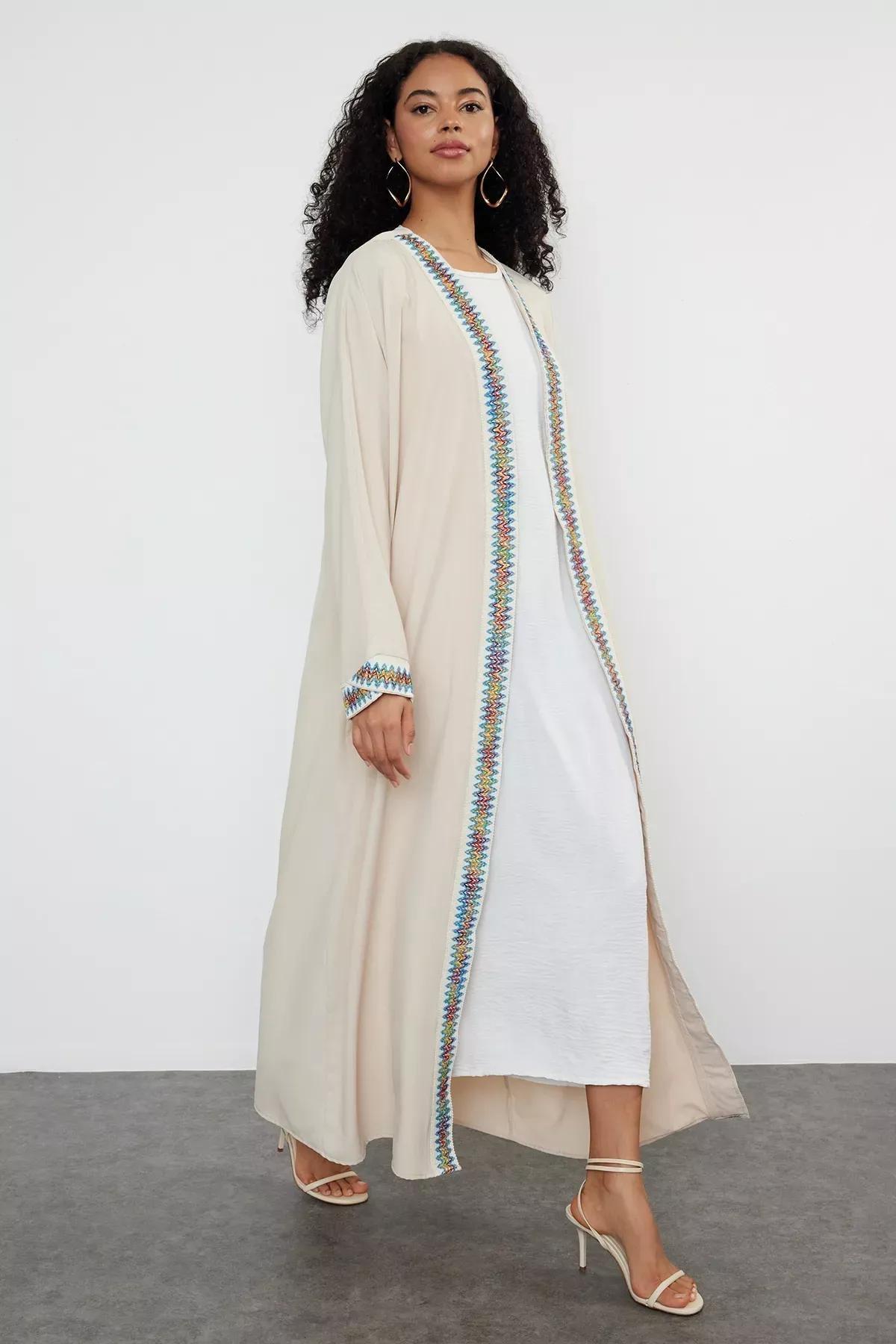 Grey Ribbed Abaya with Cap, STONE, medium