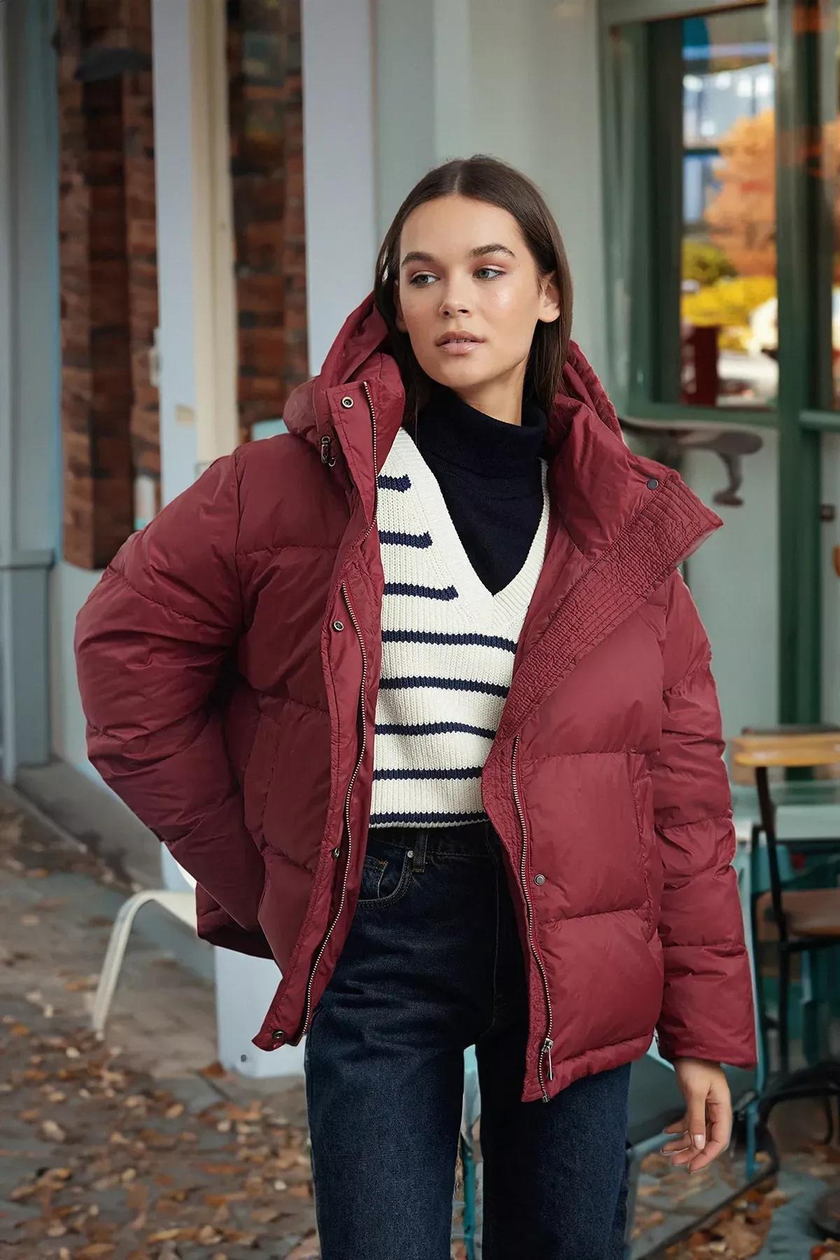 Red Oversize Hooded Puffer Jacket, Burgundy, large image number 0