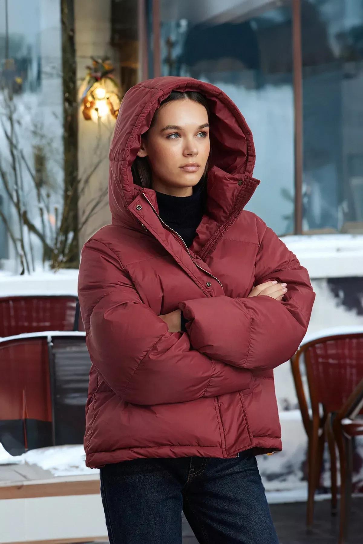 Red Oversize Hooded Puffer Jacket, Burgundy, medium