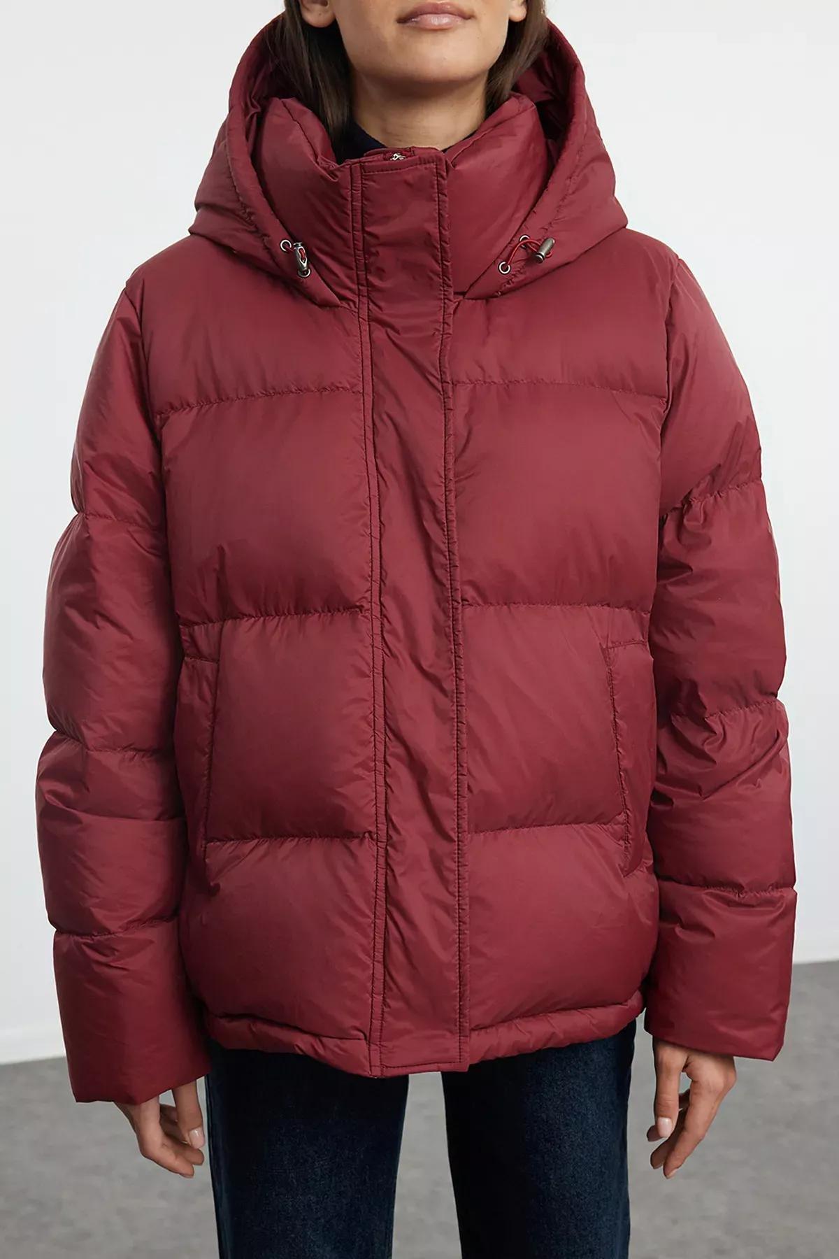 Red Oversize Hooded Puffer Jacket, Burgundy, medium