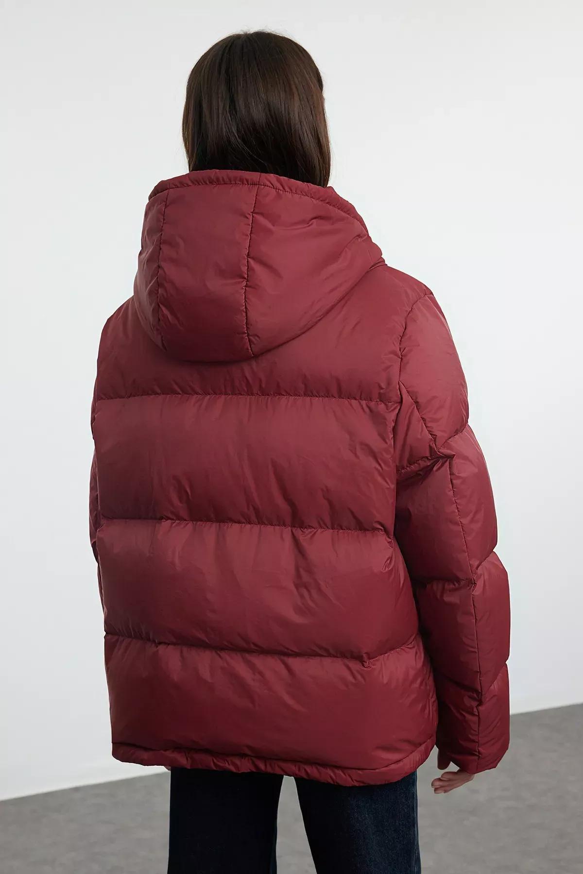 Red Oversize Hooded Puffer Jacket, Burgundy, large image number 4