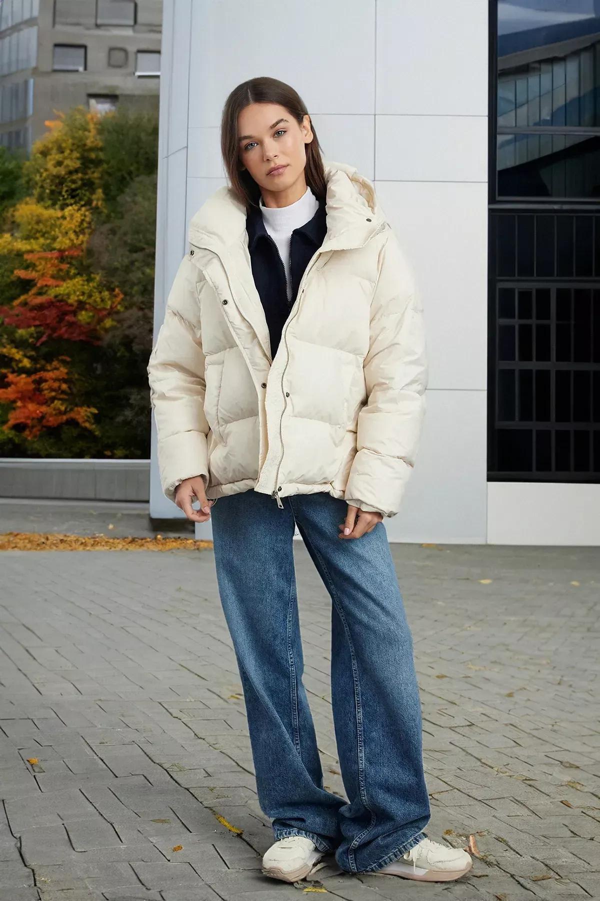 Beige Oversize Hooded Puffer Jacket, , large image number 0