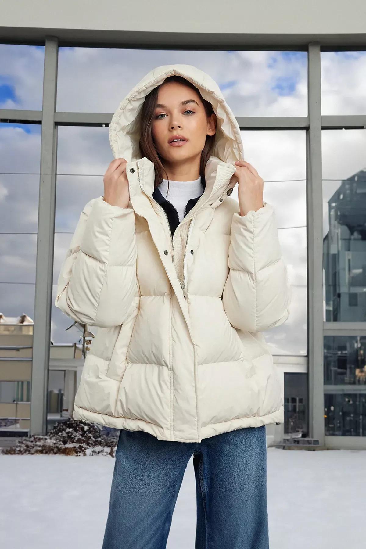 Beige Oversize Hooded Puffer Jacket, , large image number 1