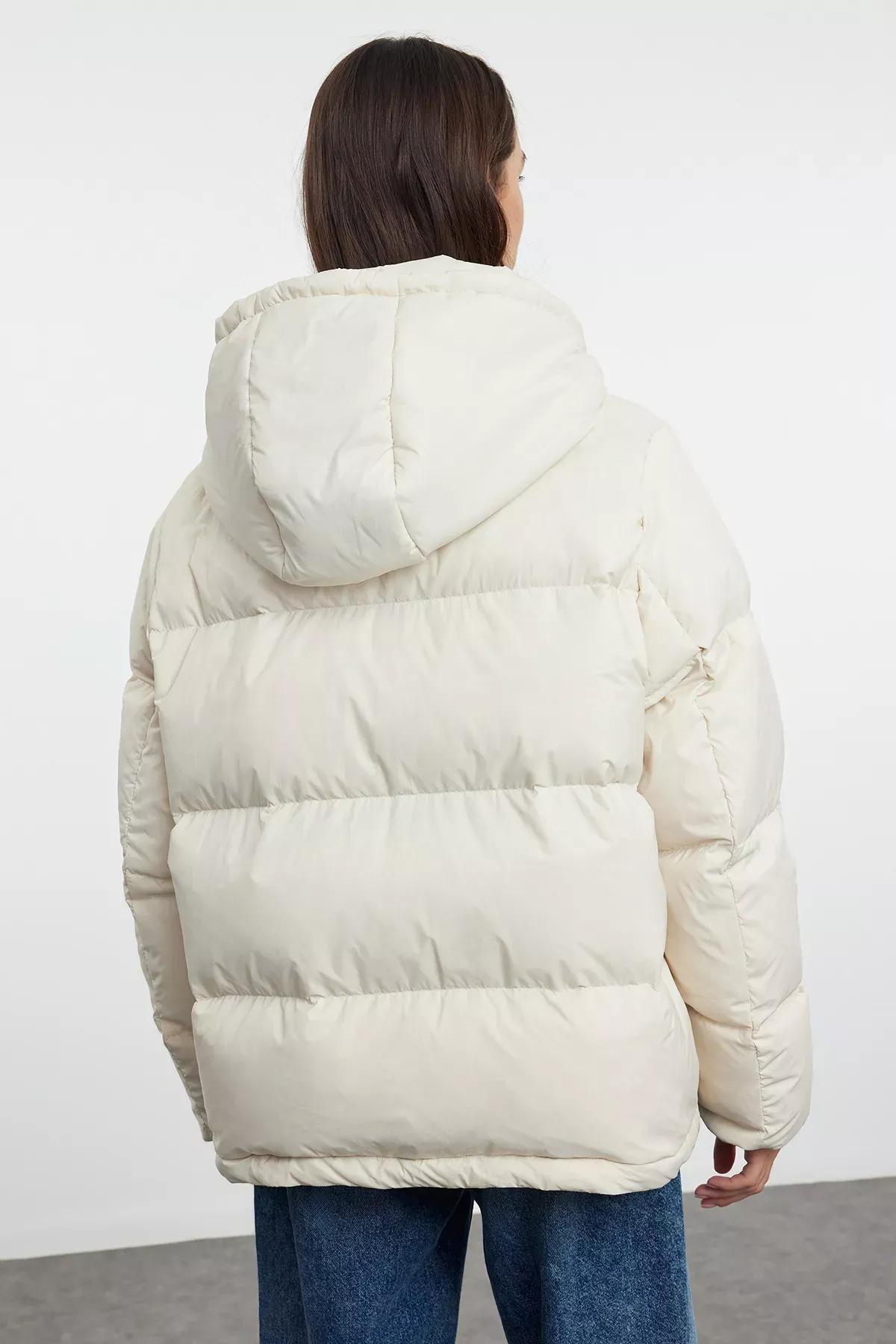 Beige Oversize Hooded Puffer Jacket, , large image number 4
