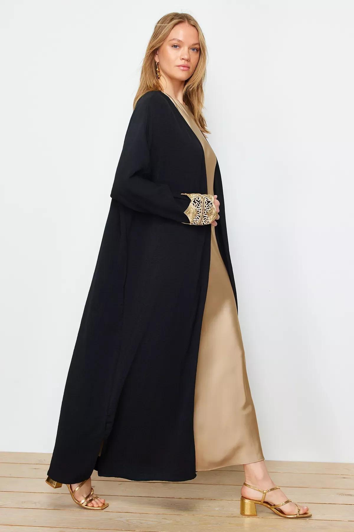 Black Gold Brode Abaya with Cap, , large image number 1