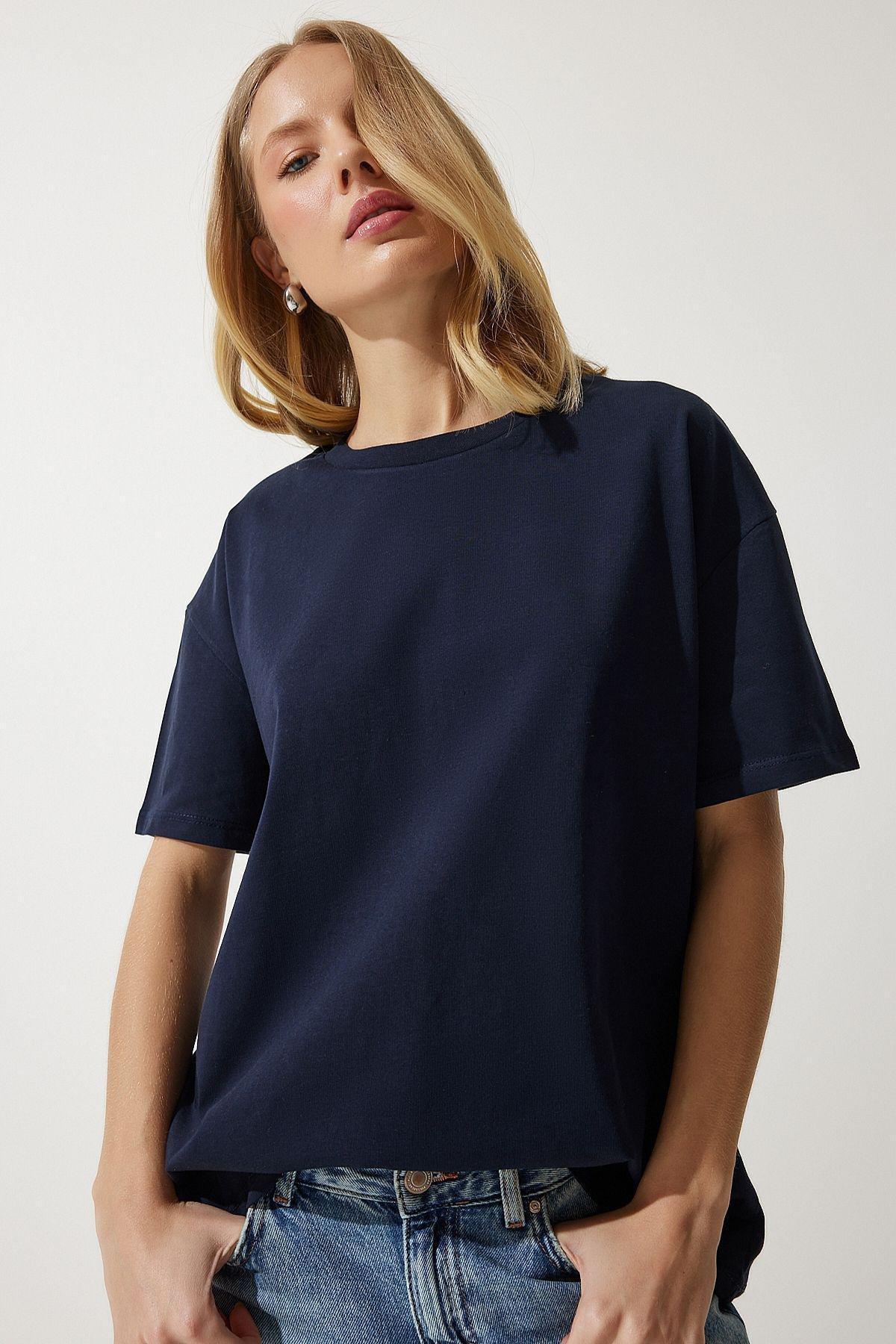 Womens Navy Blue Loose Basic Cotton T-Shirt BP00151, single, DARK BLUE, large image number 0