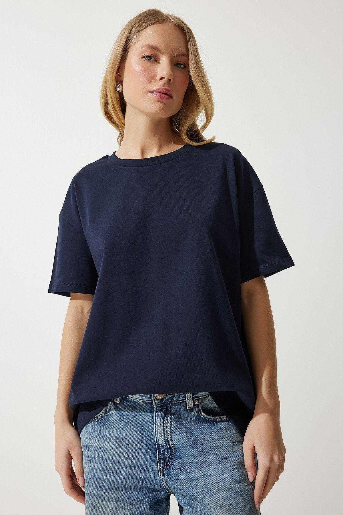 Womens Navy Blue Loose Basic Cotton T-Shirt BP00151, single, DARK BLUE, large image number 1