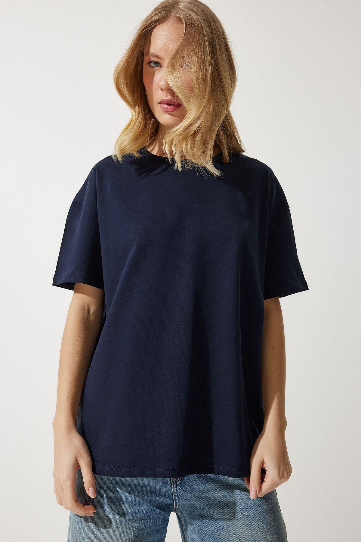 Womens Navy Blue Loose Basic Cotton T-Shirt BP00151, single, DARK BLUE, large image number 2