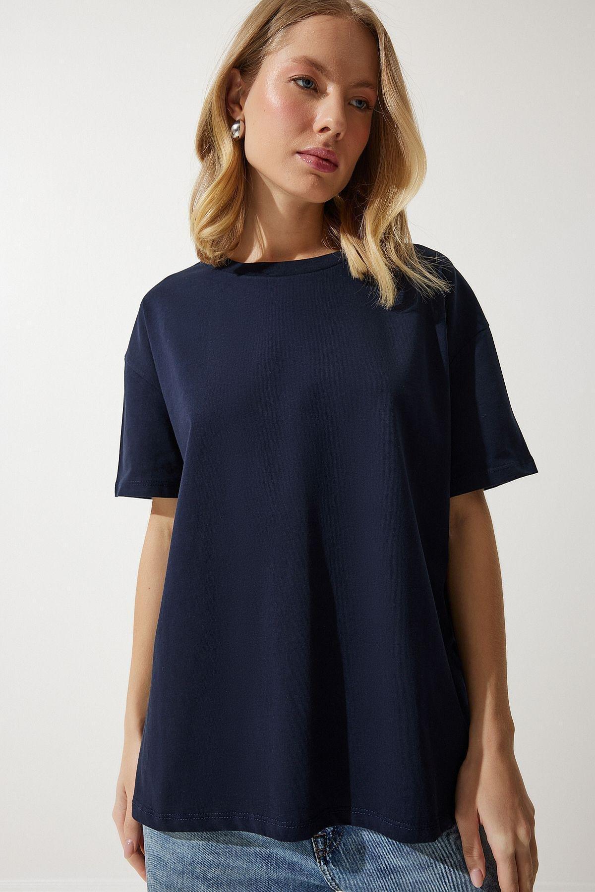 Womens Navy Blue Loose Basic Cotton T-Shirt BP00151, single, DARK BLUE, large image number 3