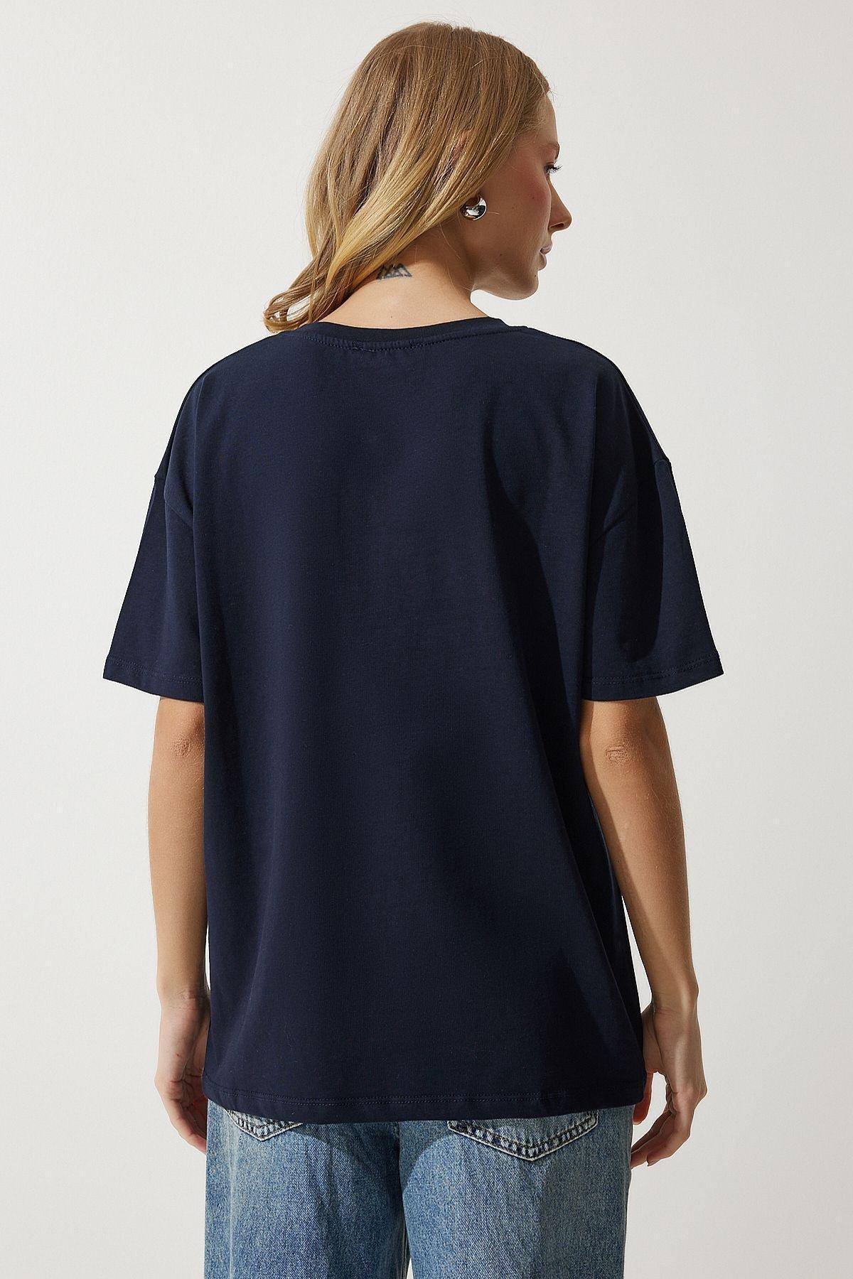 Womens Navy Blue Loose Basic Cotton T-Shirt BP00151, single, DARK BLUE, large image number 4