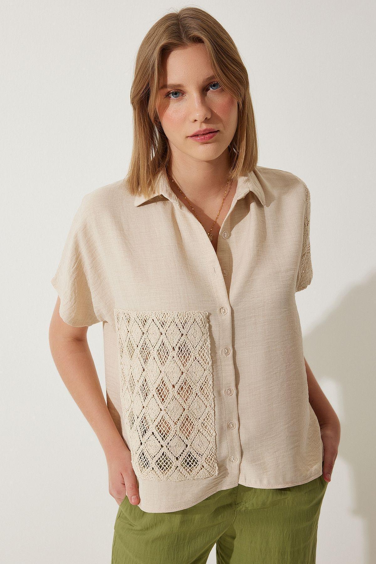 Cream Crochet Button Down Shirt, , large image number 0