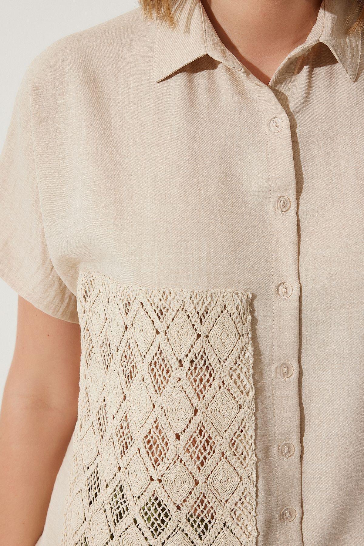 Cream Crochet Button Down Shirt, , large image number 1