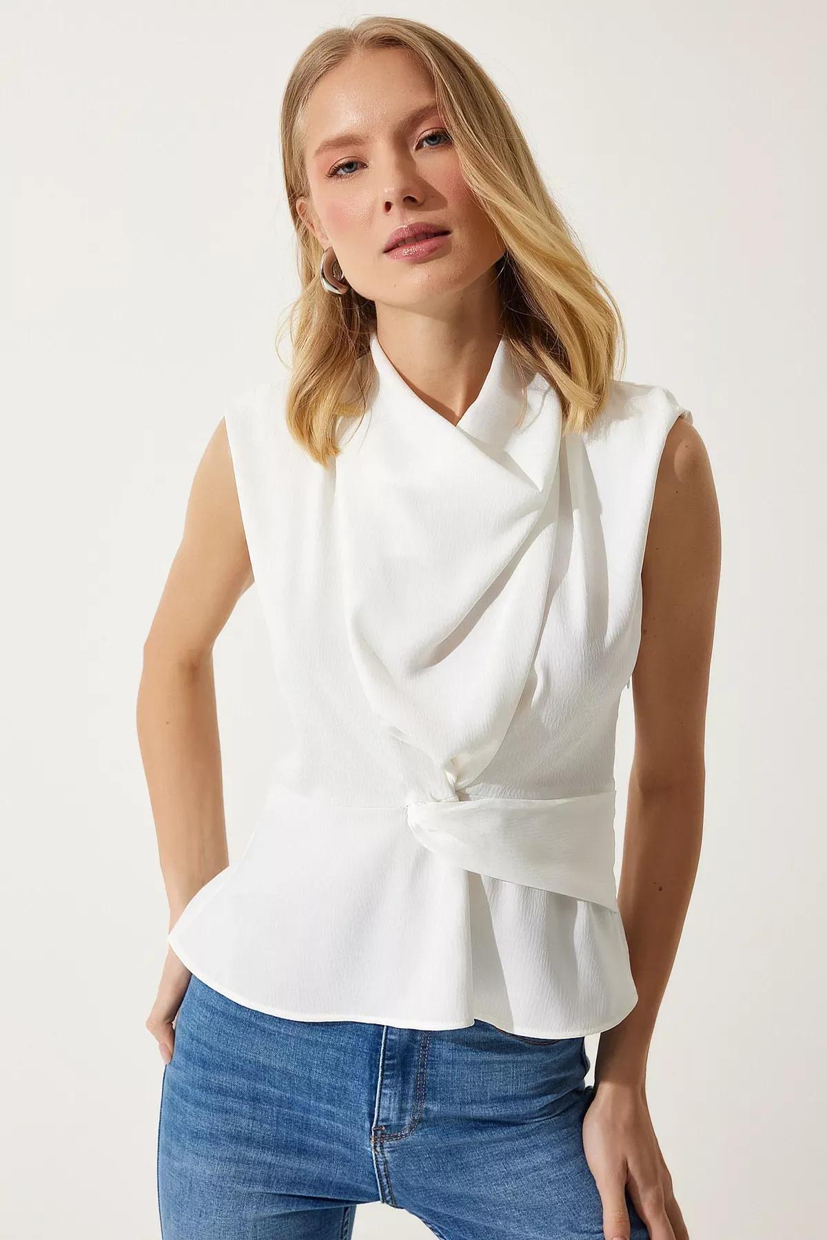 Ecru Knot Tie Front Blouse, , large image number 2