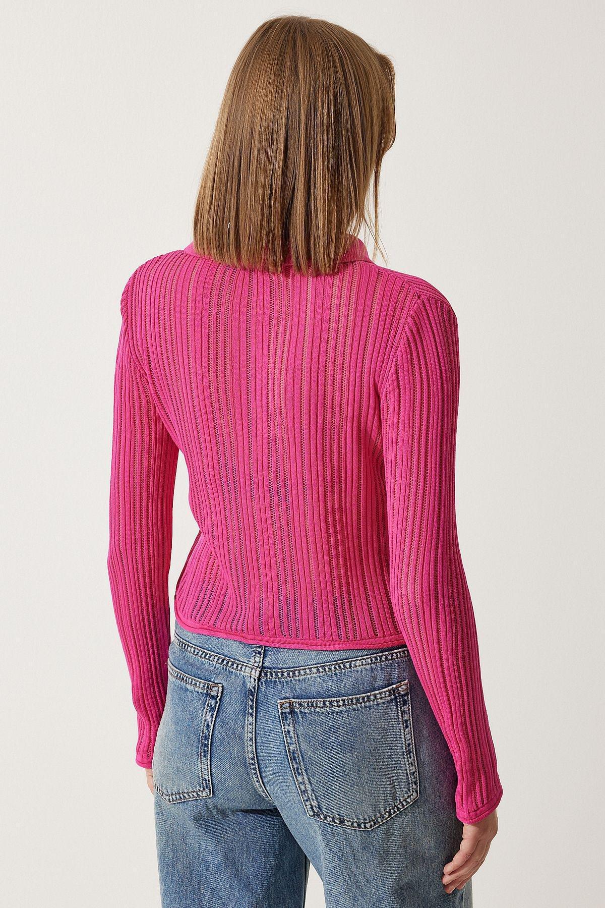 Pink weight Transparent Polo Collar Summer Knitwear Cardigan, Pink, large image number 3