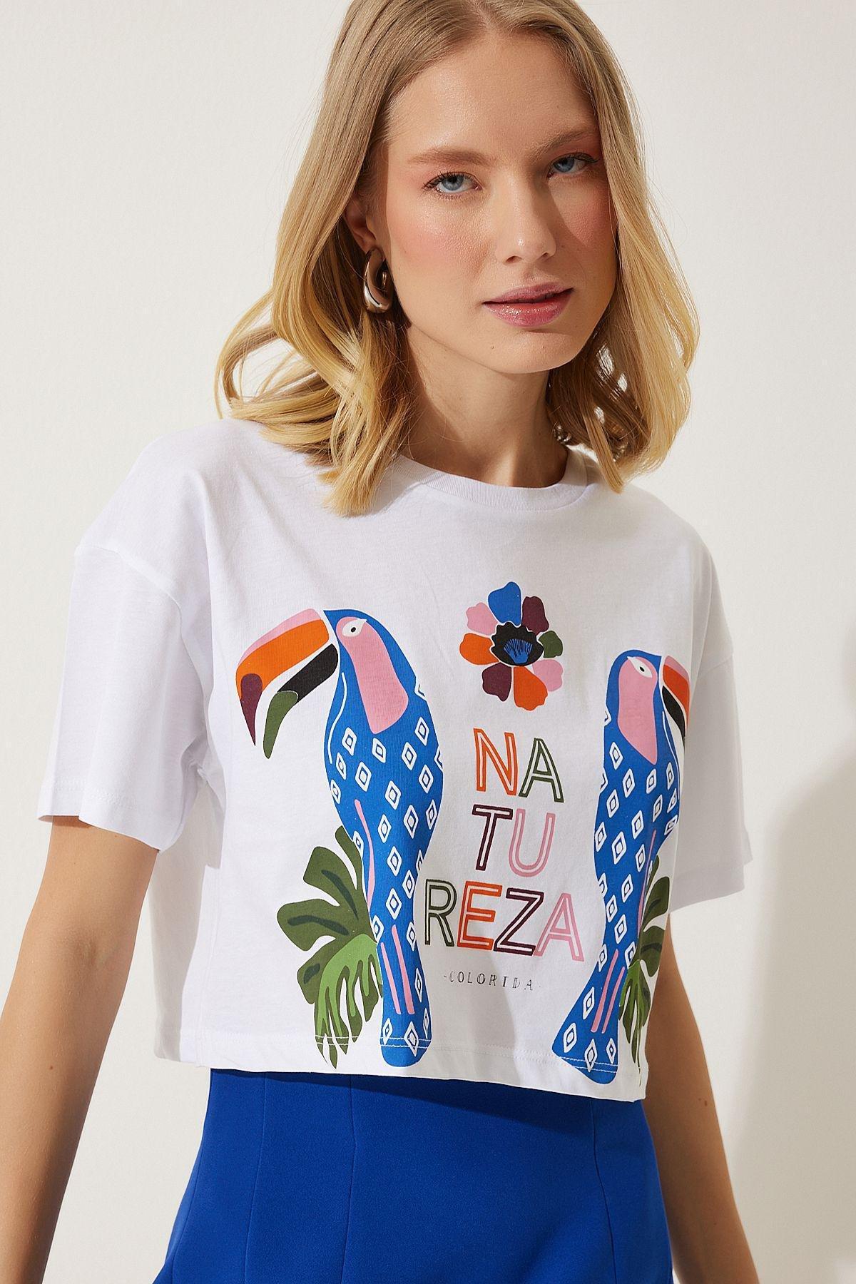 Womens White Printed Crop Knitted T-Shirt EW00008, , large image number 0