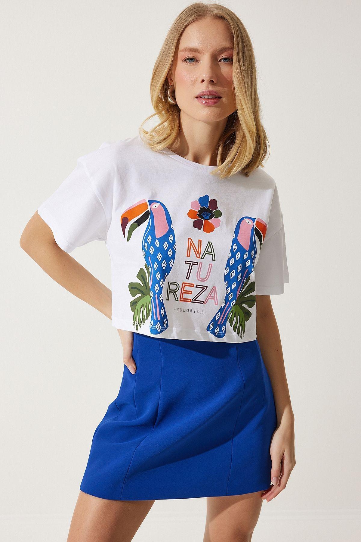 Womens White Printed Crop Knitted T-Shirt EW00008, , large image number 1