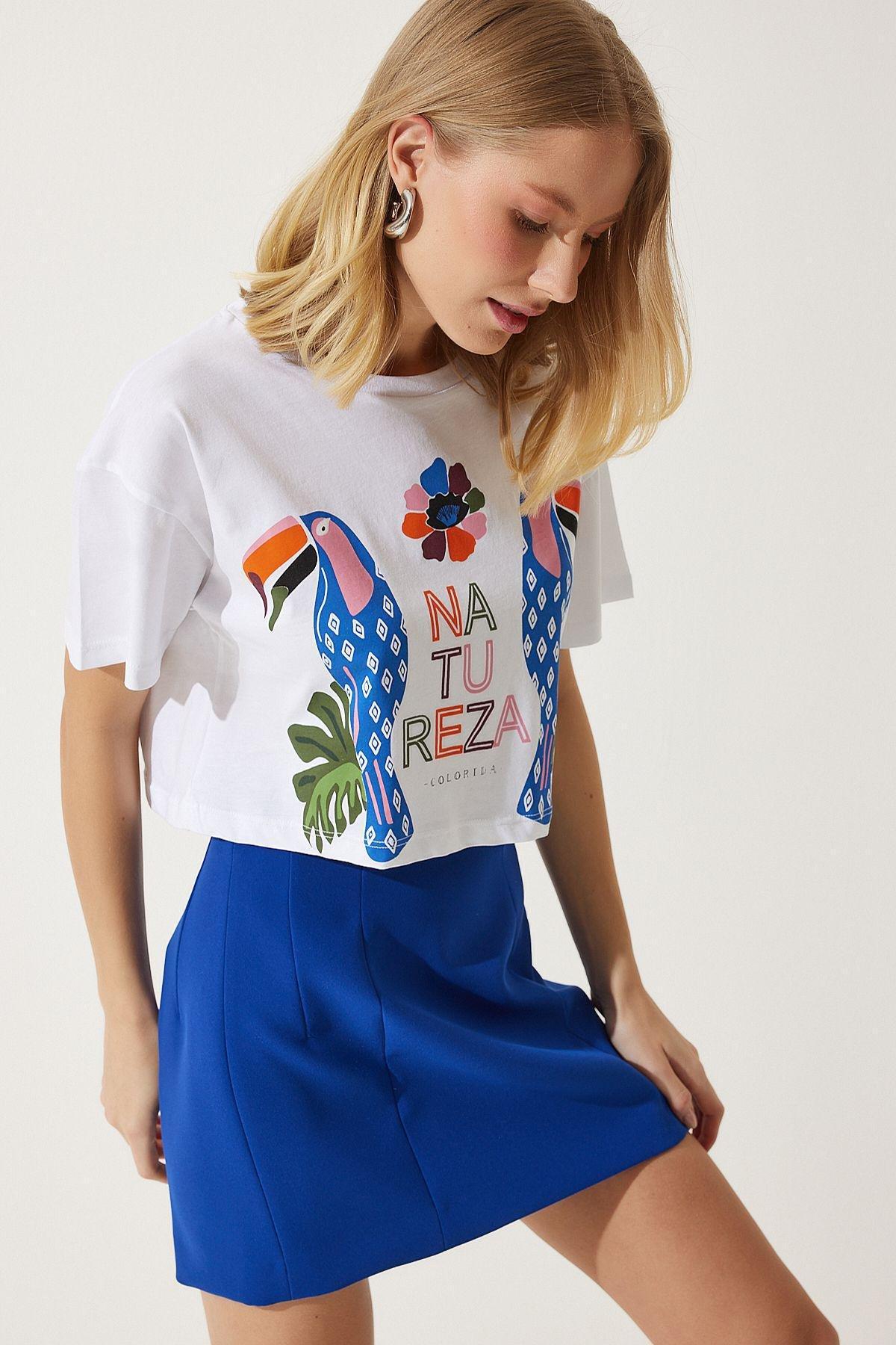 Womens White Printed Crop Knitted T-Shirt EW00008, , large image number 2