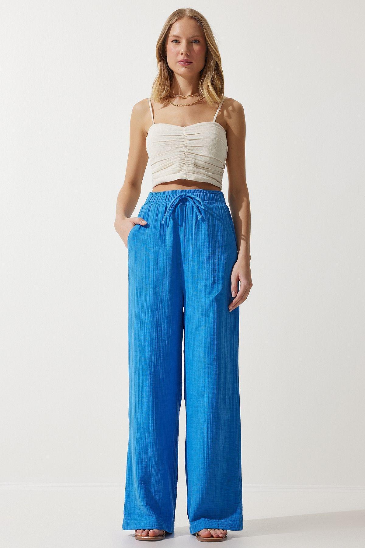 Womens Blue Muslin Palazzo Trousers MX00160, single, C101_5645, large image number 0