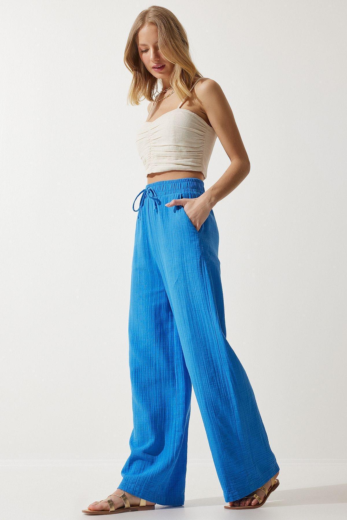 Womens Blue Muslin Palazzo Trousers MX00160, single, C101_5645, large image number 1
