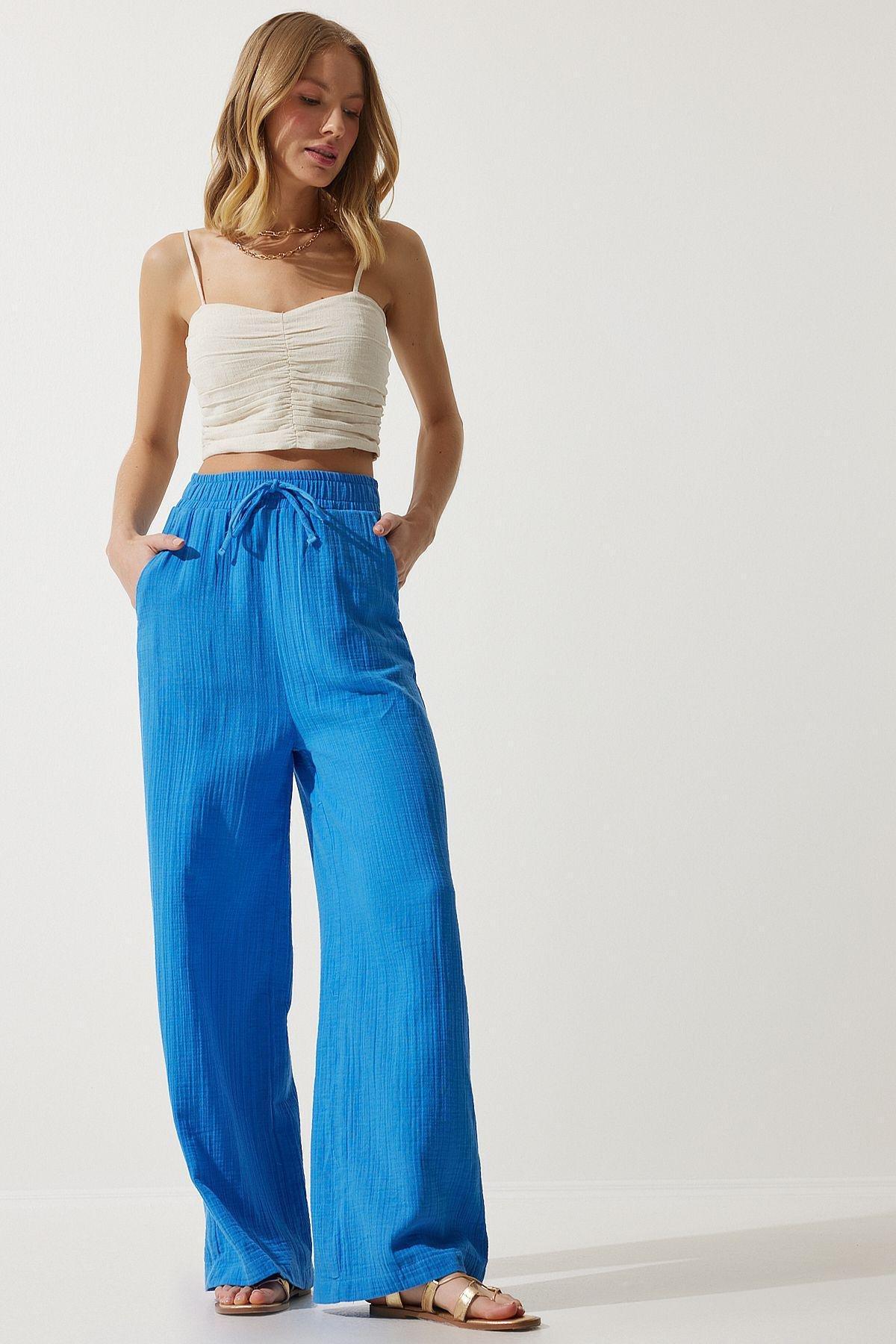 Womens Blue Muslin Palazzo Trousers MX00160, single, C101_5645, large image number 2