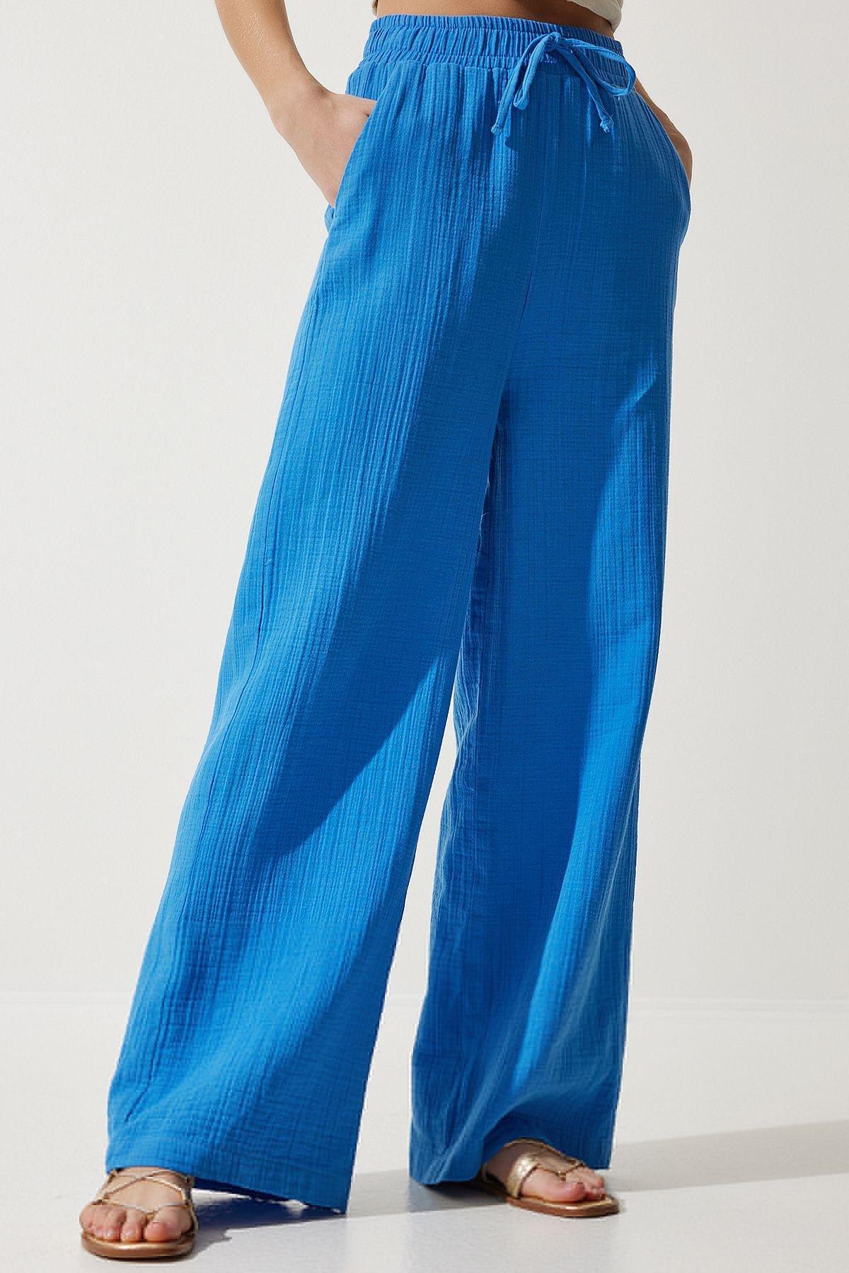 Womens Blue Muslin Palazzo Trousers MX00160, single, C101_5645, large image number 3