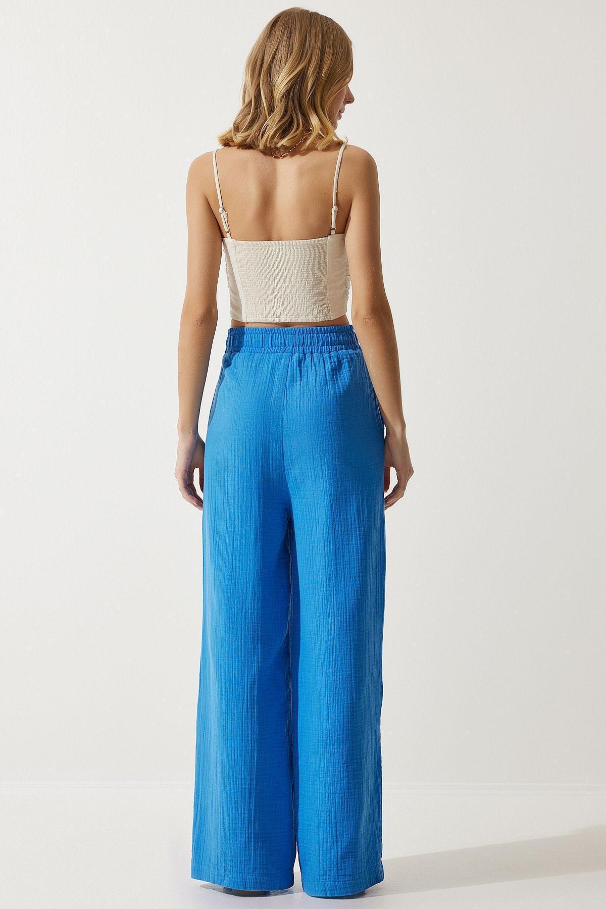 Womens Blue Muslin Palazzo Trousers MX00160, single, C101_5645, large image number 5