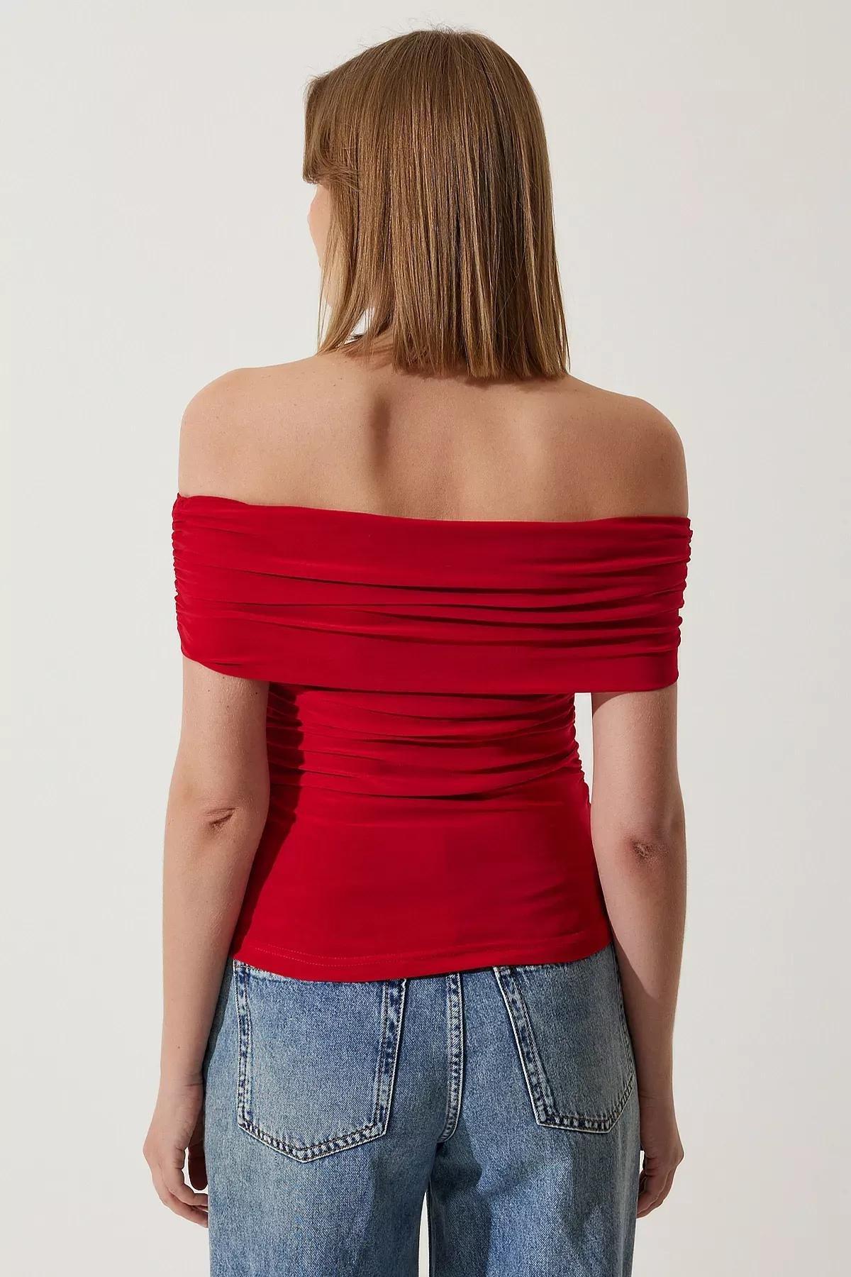 Red Gathered Open Shoulder Blouse, Red, large image number 4