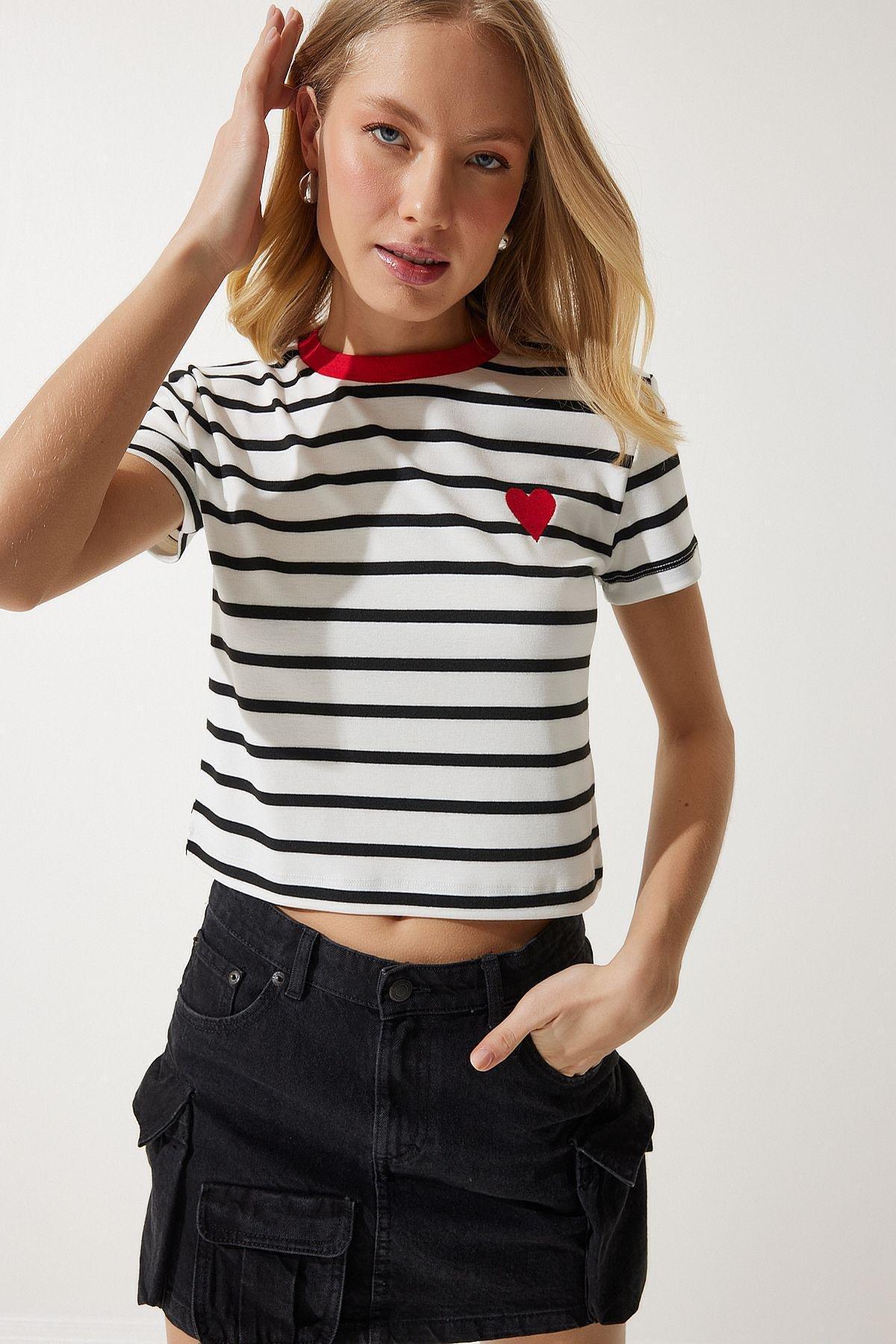 Womens White Heart Embroidered Striped Cotton Knitted T-Shirt CR00432, , large image number 1