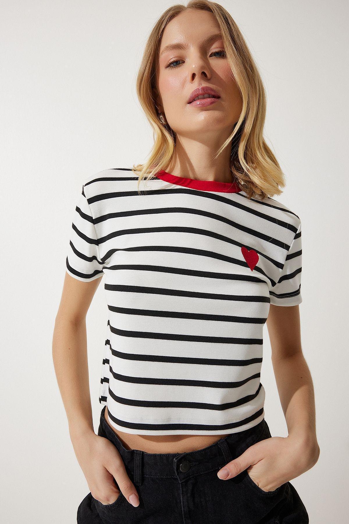 Womens White Heart Embroidered Striped Cotton Knitted T-Shirt CR00432, , large image number 3