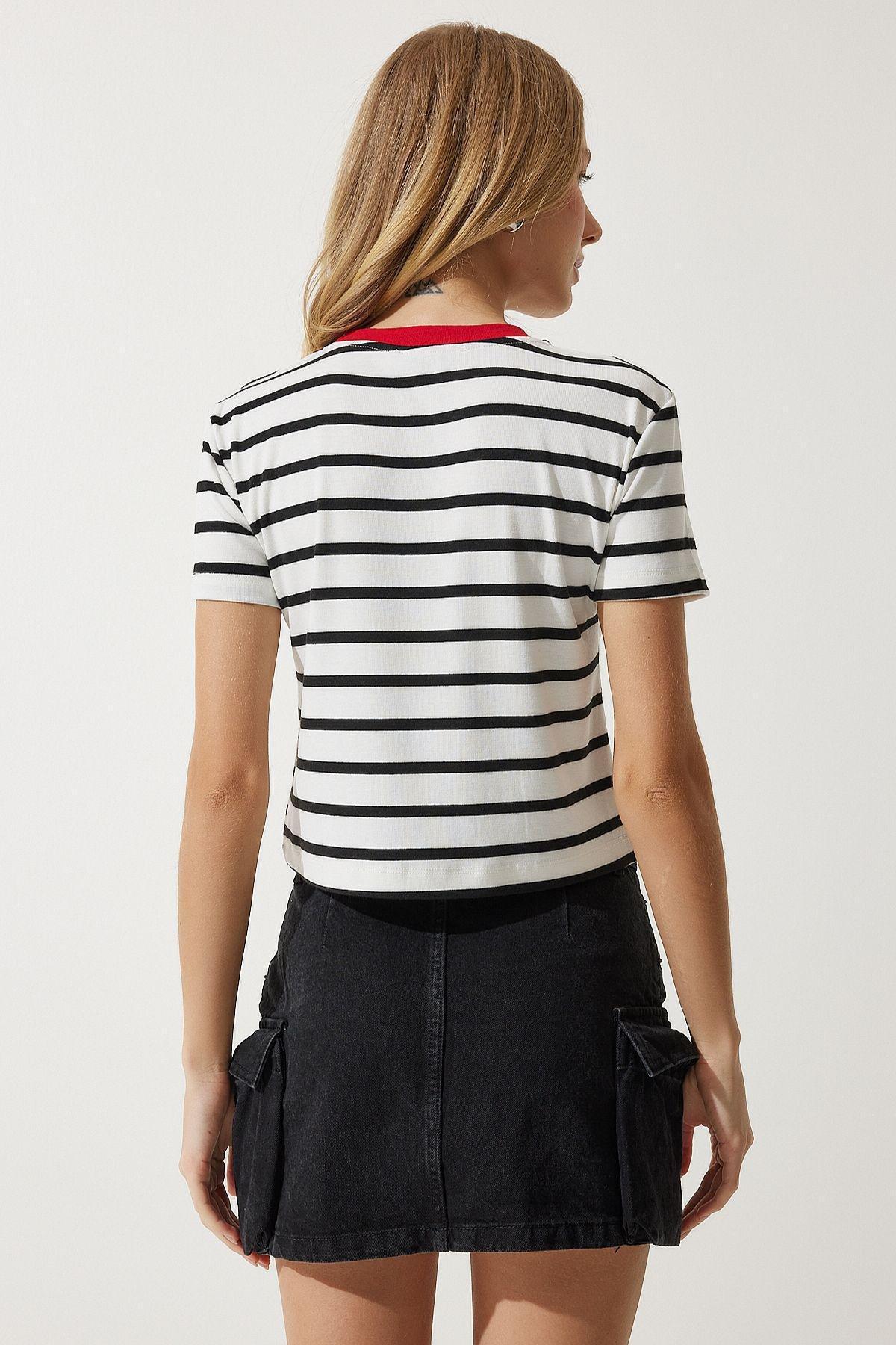 Womens White Heart Embroidered Striped Cotton Knitted T-Shirt CR00432, , large image number 4