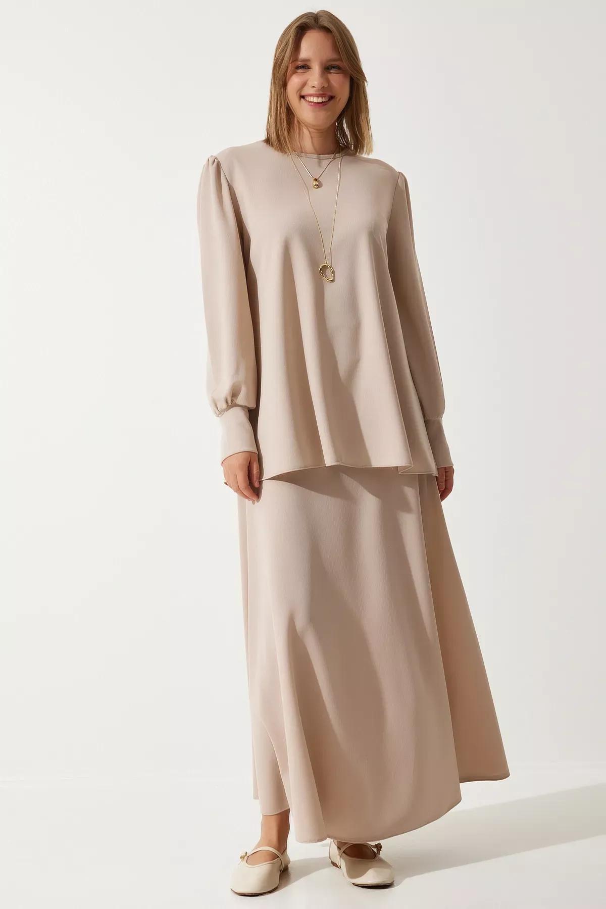 Womens Cream Tunic Skirt Knitted Set DD01317, 2s, , large image number 0