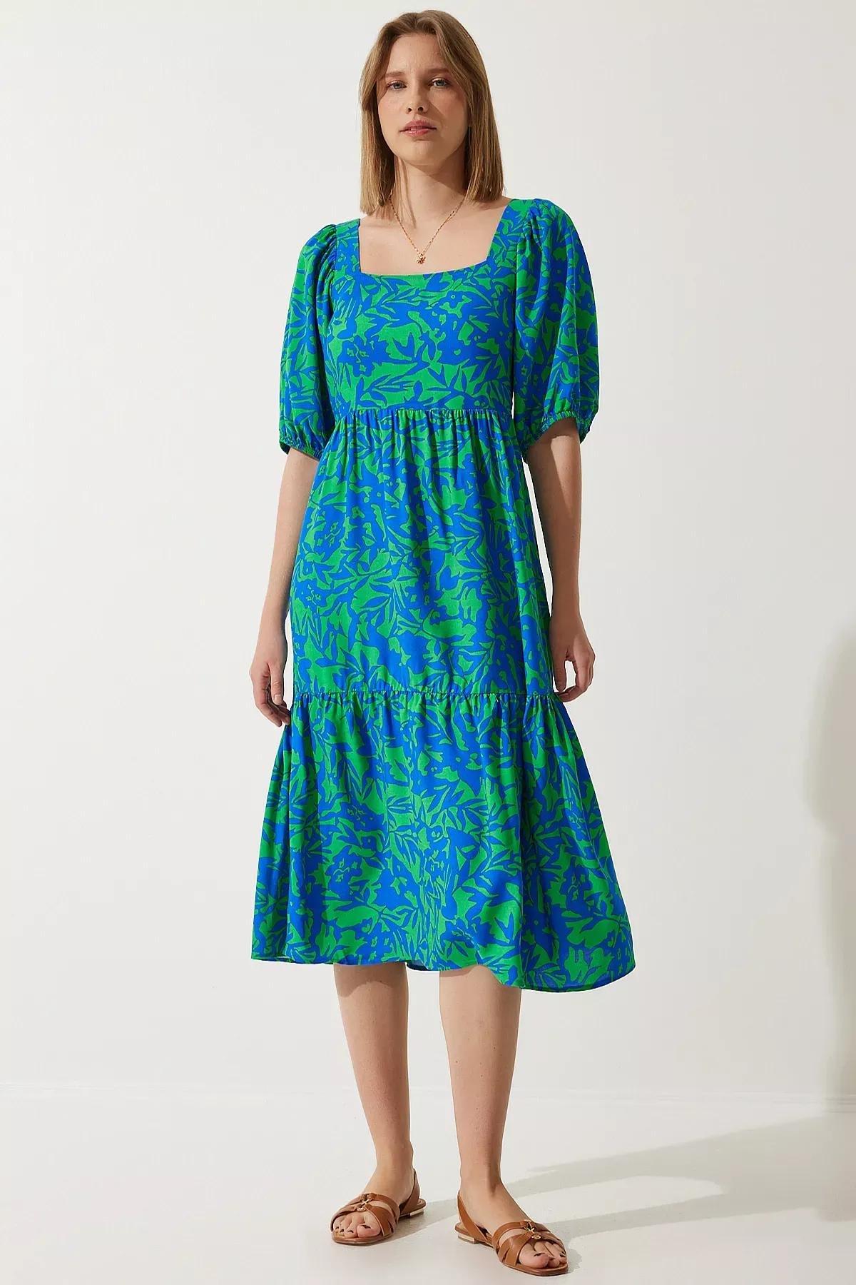 Blue Tropical Milkmaid Maxi Dress CI00107, , large image number 1