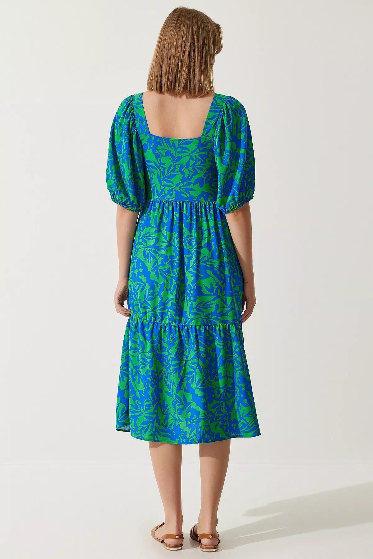 Blue Tropical Milkmaid Maxi Dress CI00107, , large image number 3