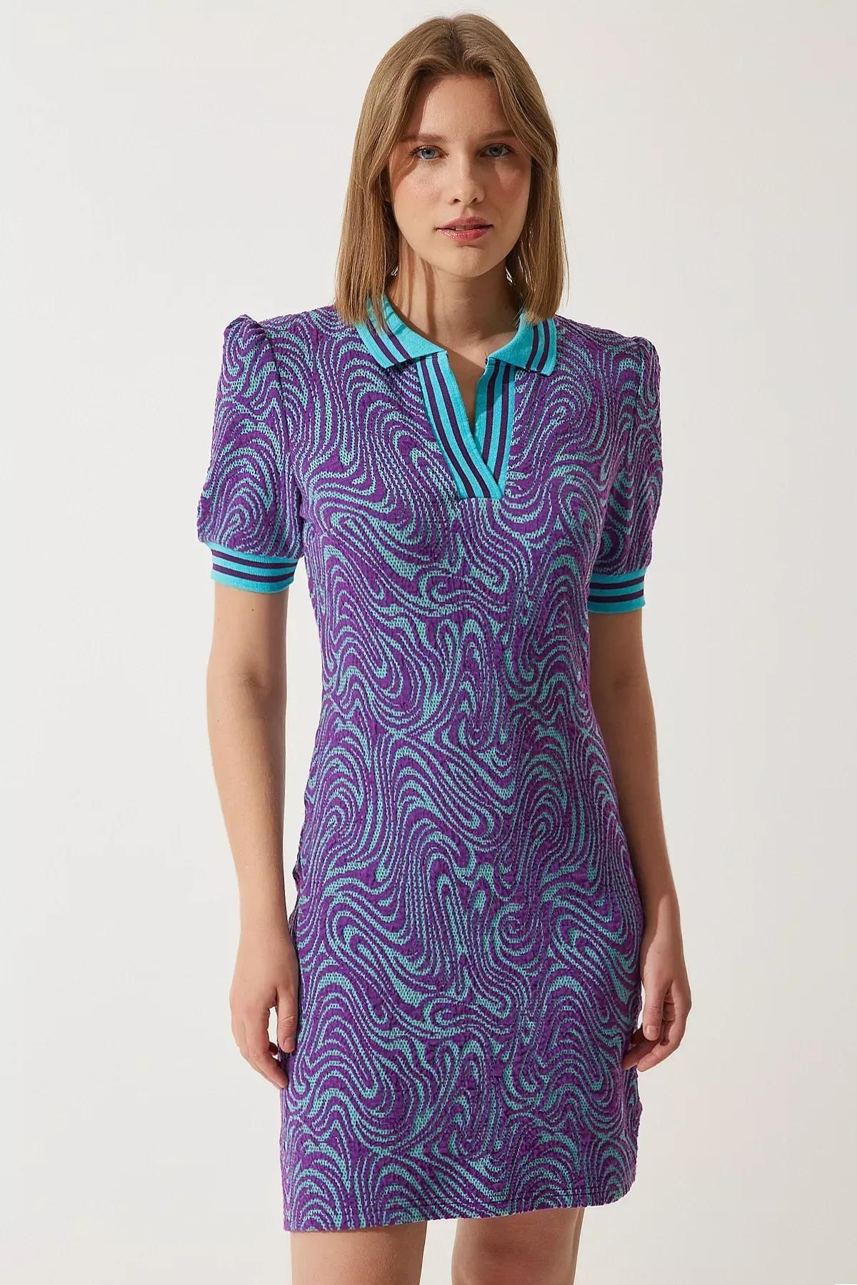Purple Patterned Polo Collar Knitwear Dress, Purple, large image number 0