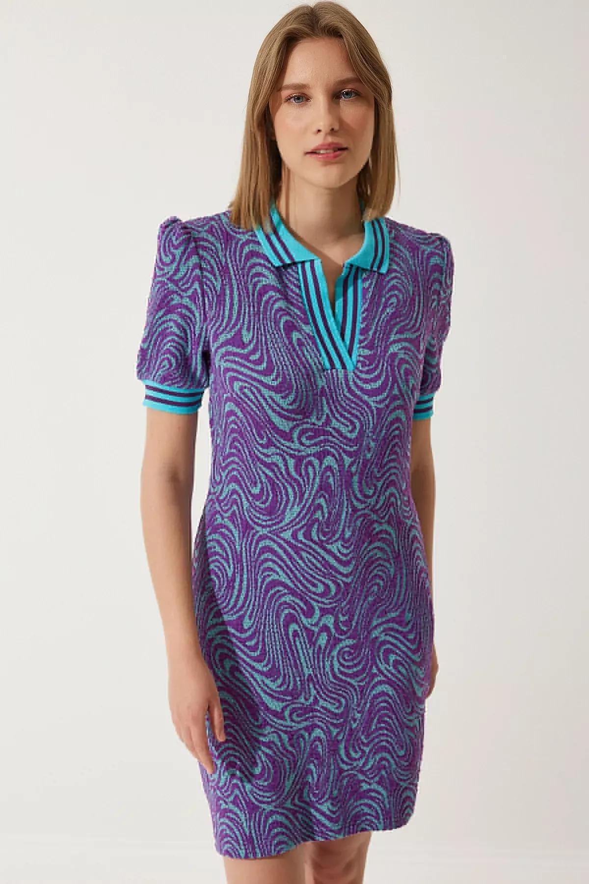Purple Patterned Polo Collar Knitwear Dress, Purple, large image number 1