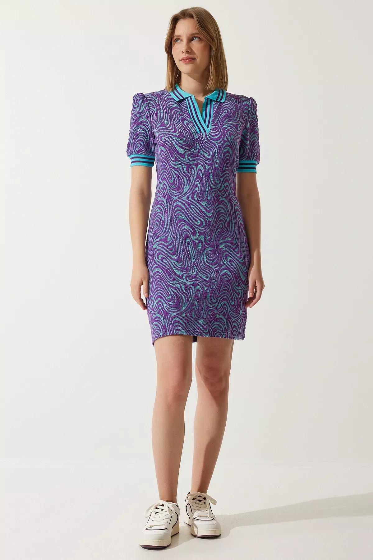Purple Patterned Polo Collar Knitwear Dress, Purple, large image number 4