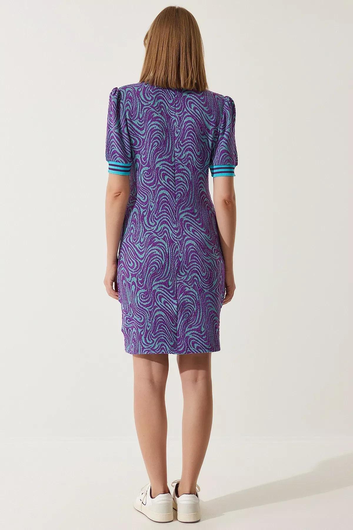 Purple Patterned Polo Collar Knitwear Dress, Purple, large image number 5
