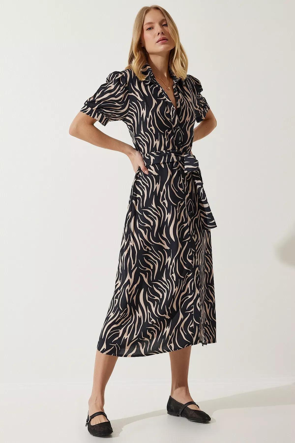 Black Animal Print Shirt Dress, Black Beige, large image number 0