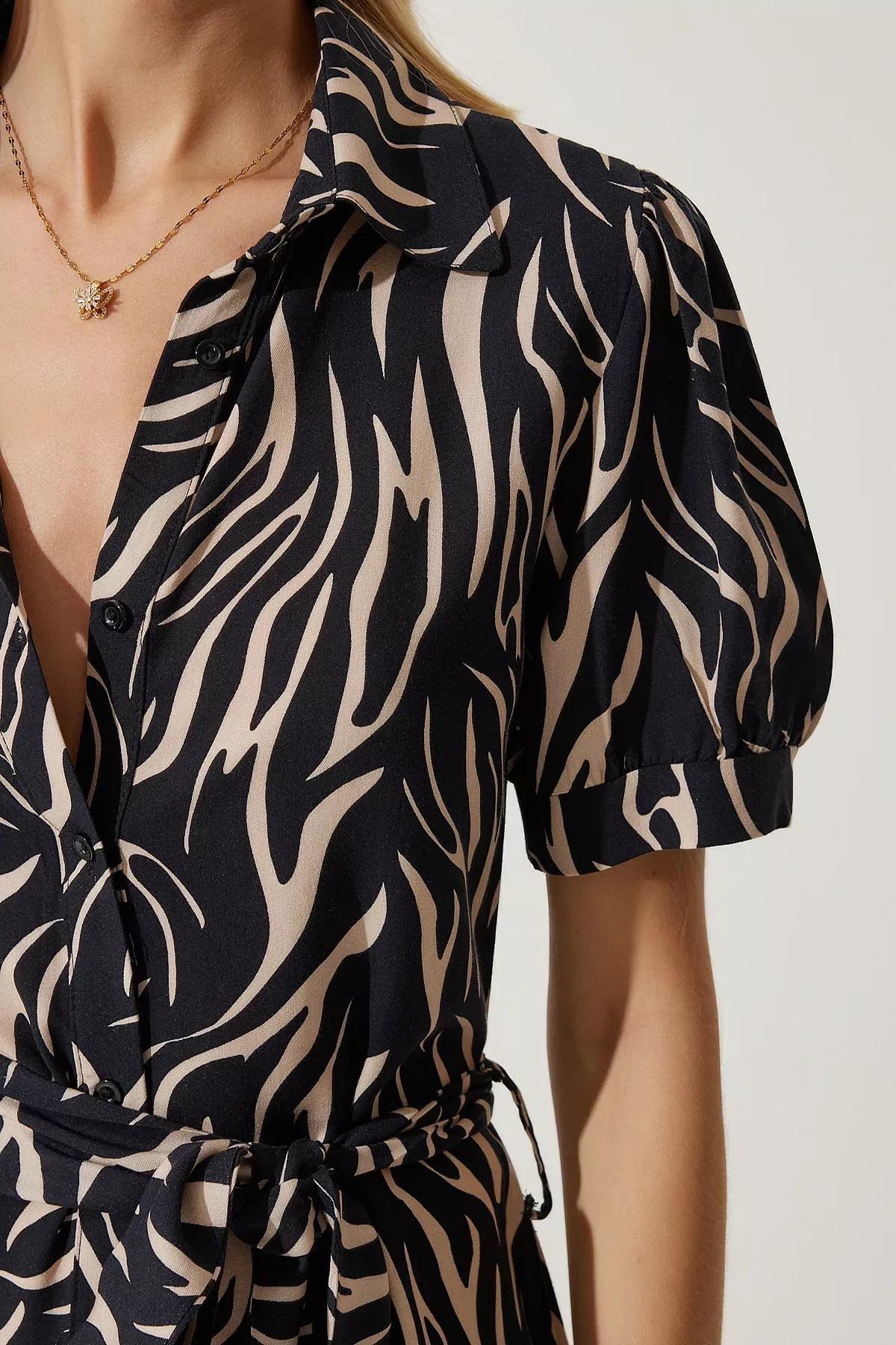 Black Animal Print Shirt Dress, Black Beige, large image number 4