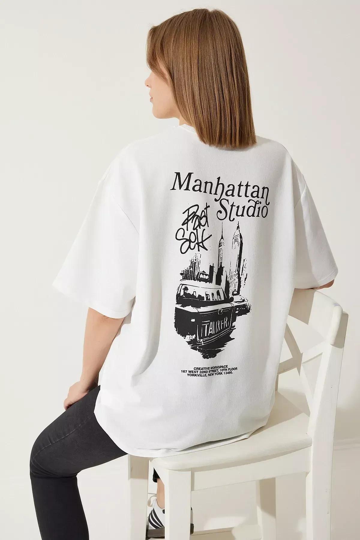 White Printed Oversized Knitted T-Shirt, White, large image number 0