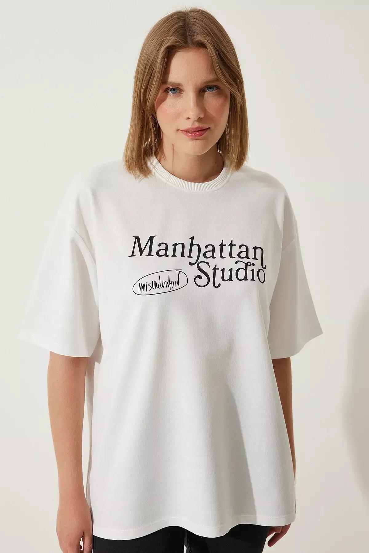 White Printed Oversized Knitted T-Shirt, White, large image number 1
