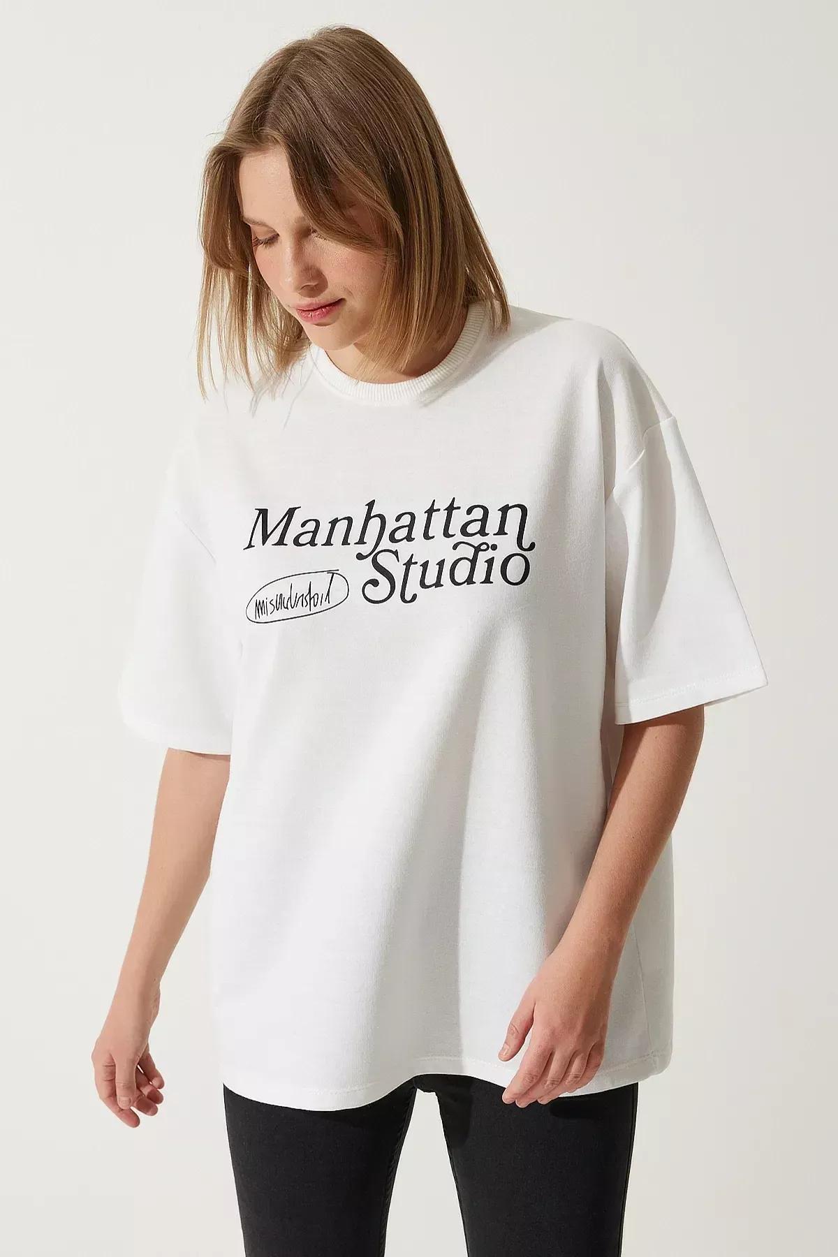 White Printed Oversized Knitted T-Shirt, White, medium