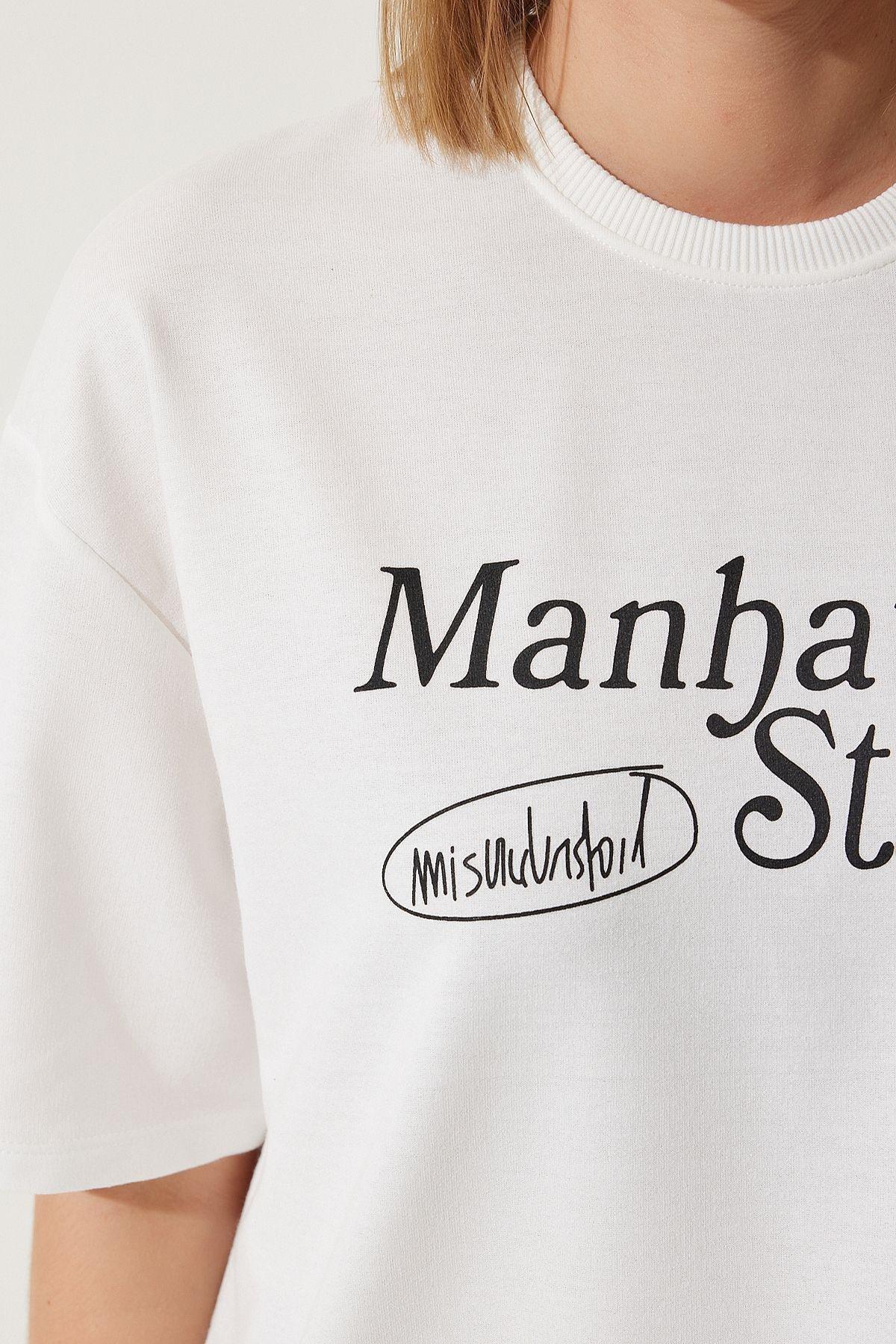 White Printed Oversized Knitted T-Shirt, White, large image number 3