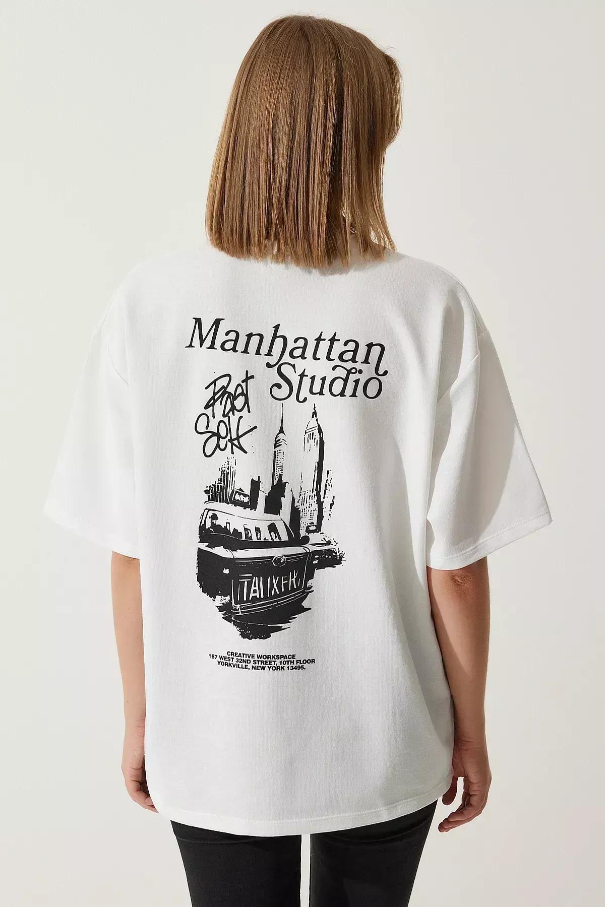 White Printed Oversized Knitted T-Shirt, White, large image number 4