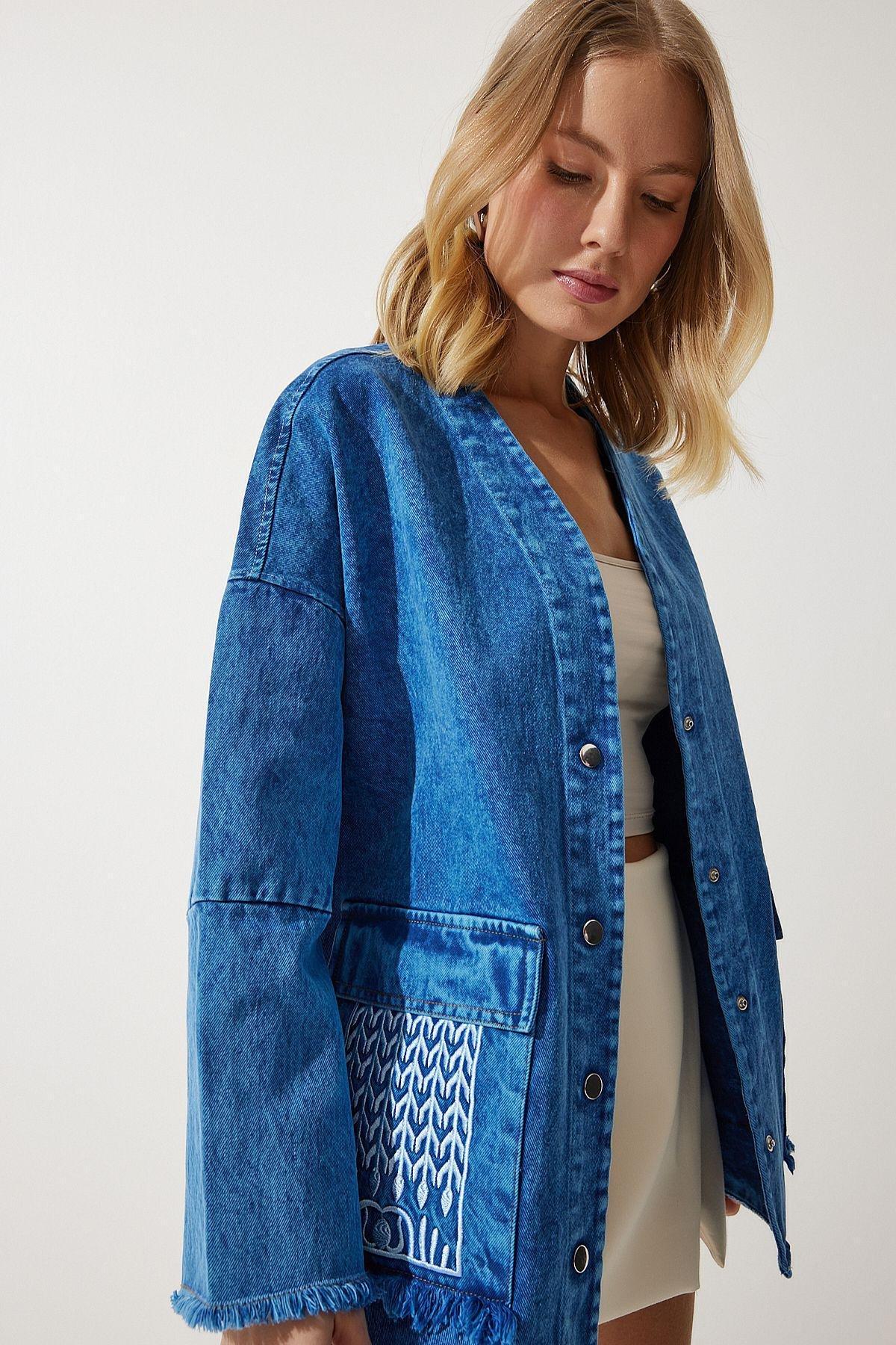 Womens Blue Embroidery Detailed Oversize Denim Jacket SA00029, single, , large image number 2