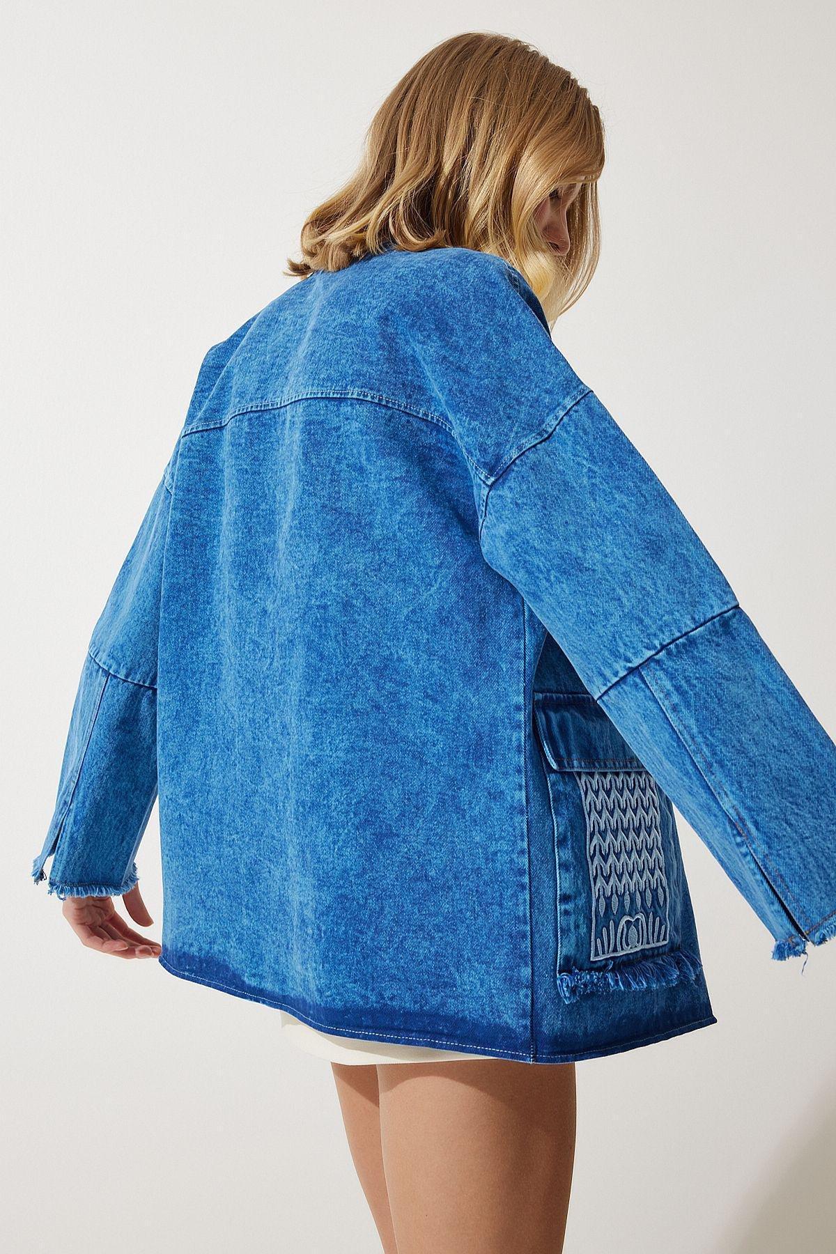 Womens Blue Embroidery Detailed Oversize Denim Jacket SA00029, single, , large image number 3