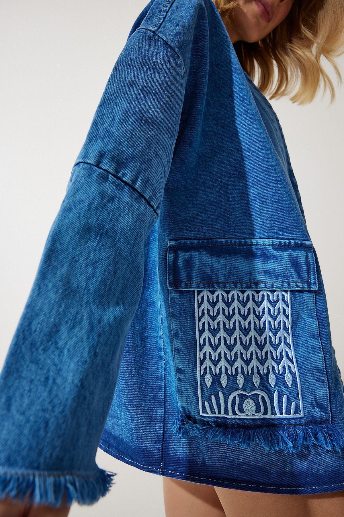 Womens Blue Embroidery Detailed Oversize Denim Jacket SA00029, single, , large image number 4