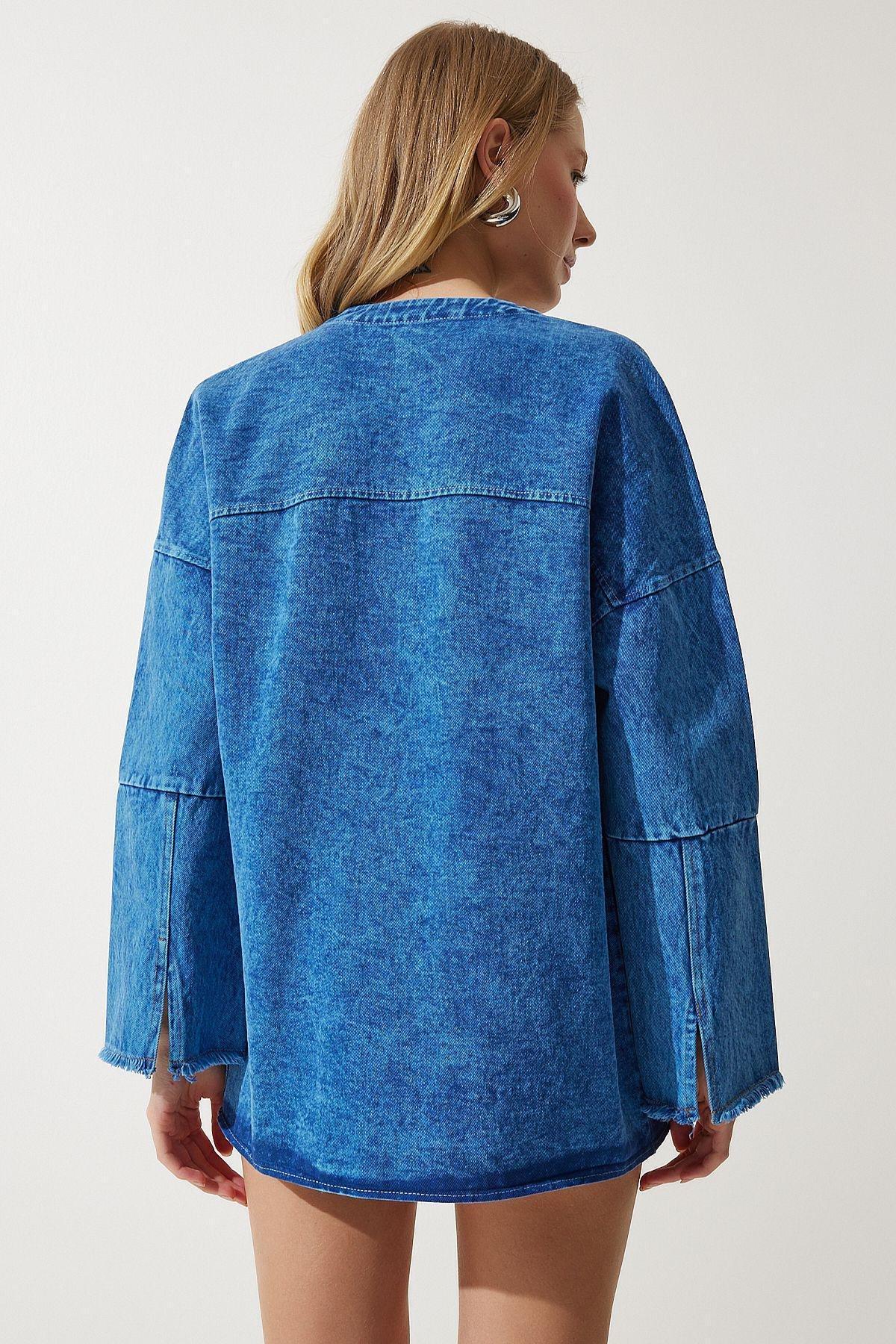 Womens Blue Embroidery Detailed Oversize Denim Jacket SA00029, single, , large image number 5